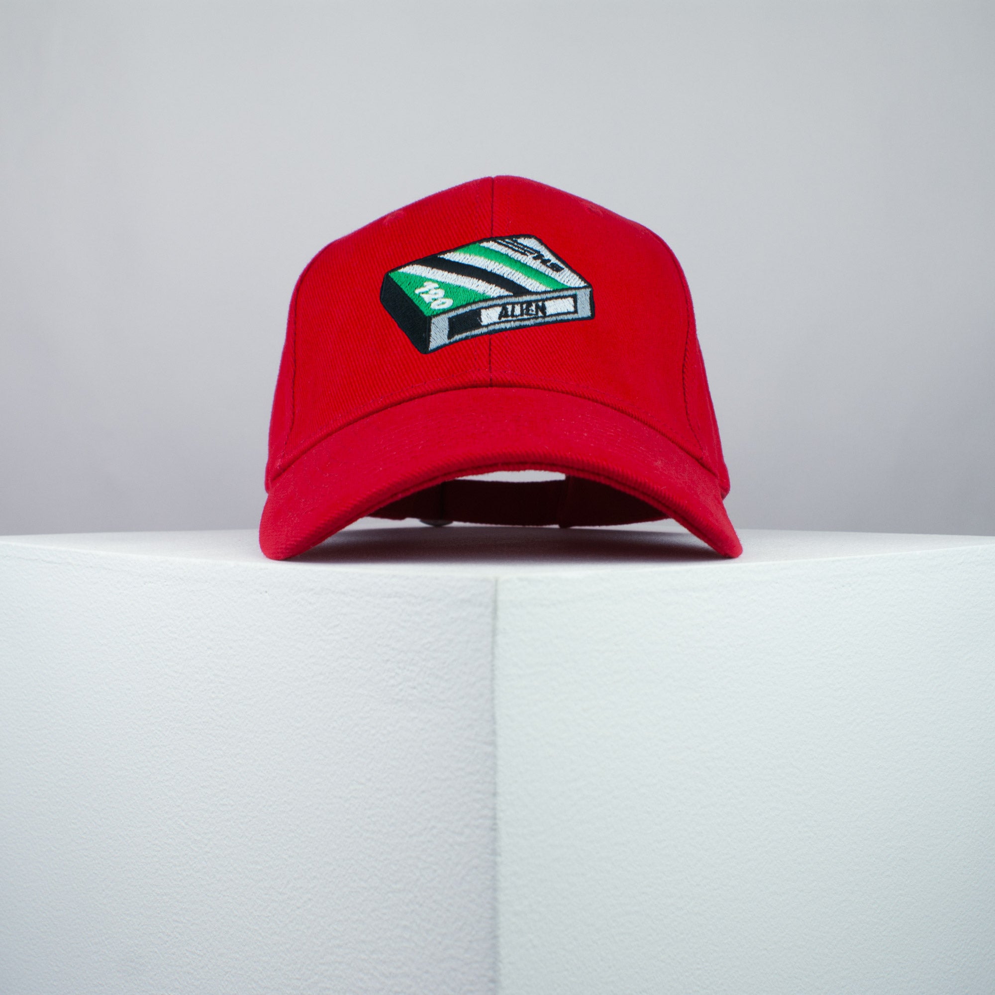 Alien Movie embroidered baseball cap red / Retro VHS / UFO / Movie / Predator / Aliens / embroidery / patch / dad / hat / cap / clothing // Hatty Hats / iron on patch / dad hat embroidered patch / badge / applique / embroidered / punk patches / trucker hat / snapback / caps / dad hats / baseball hat / mens hat / womens hat / embroidered hat / dad cap / embroidered cap