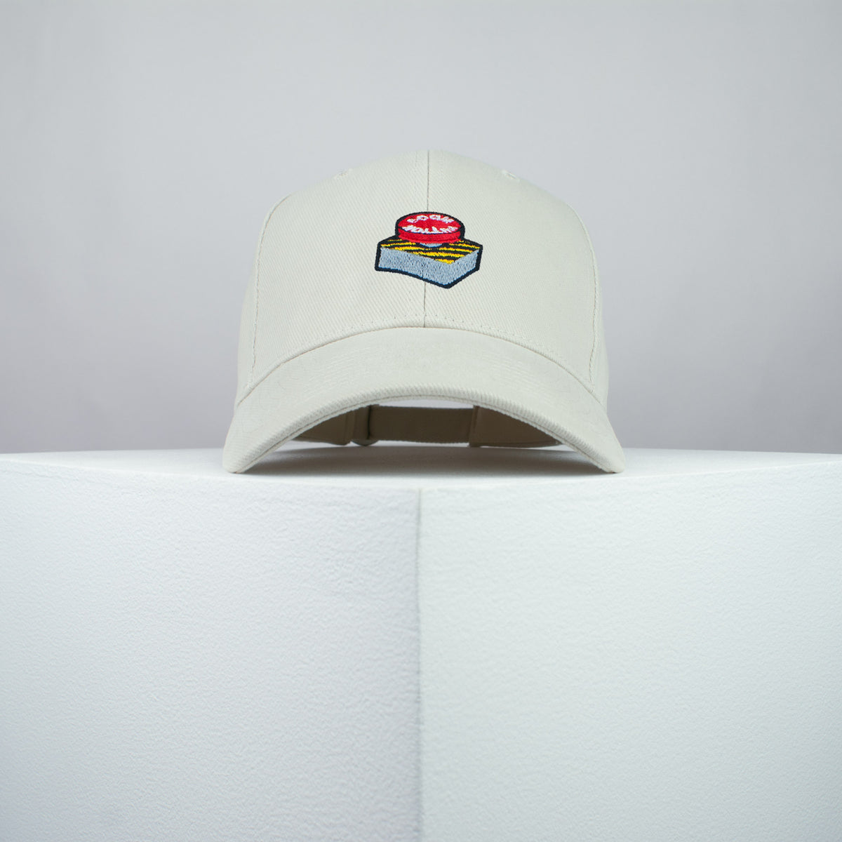 Boom button embroidered baseball cap beige / button / gift / anxiety / embroidery / patch / hat / dad hat / cap / iron on patch / embroidered patch / badge / applique / embroidered / punk patches / trucker hat / snapback / caps / dad hats / baseball hat / mens hat / womens hat / embroidered hat / dad cap / embroidered cap