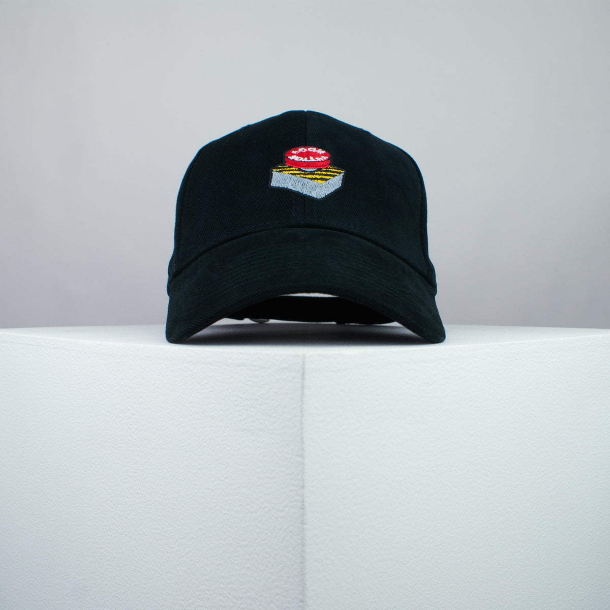 Boom button embroidered baseball cap black / button / gift / anxiety / embroidery / patch / hat / dad hat / cap / iron on patch / embroidered patch / badge / applique / embroidered / punk patches / trucker hat / snapback / caps / dad hats / baseball hat / mens hat / womens hat / embroidered hat / dad cap / embroidered cap