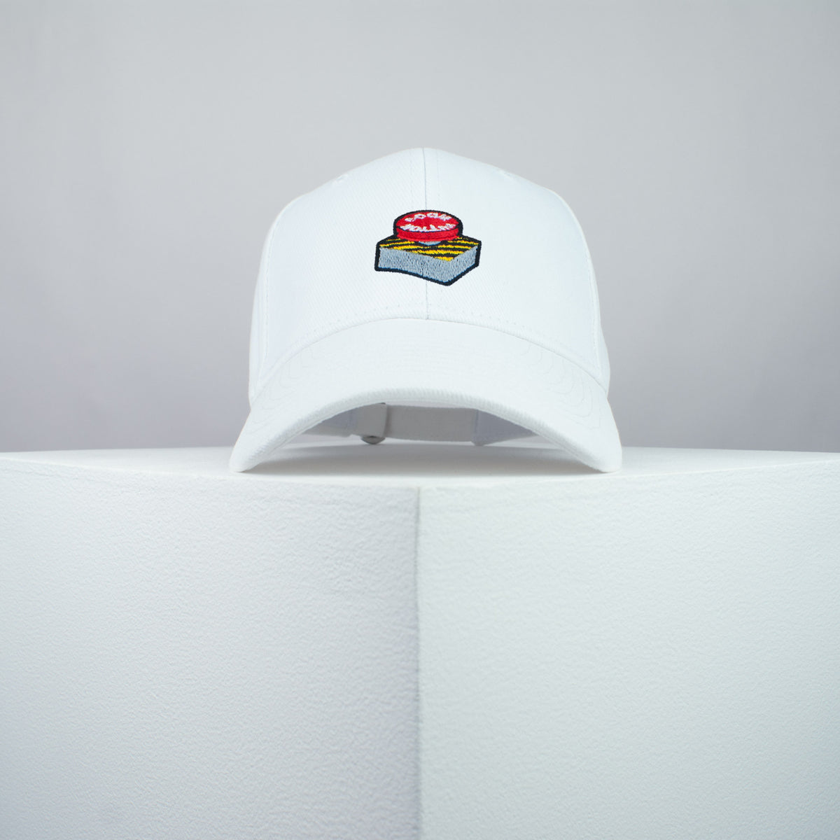 Boom button embroidered baseball cap white / button / gift / anxiety / embroidery / patch / hat / dad hat / cap / iron on patch / embroidered patch / badge / applique / embroidered / punk patches / trucker hat / snapback / caps / dad hats / baseball hat / mens hat / womens hat / embroidered hat / dad cap / embroidered cap