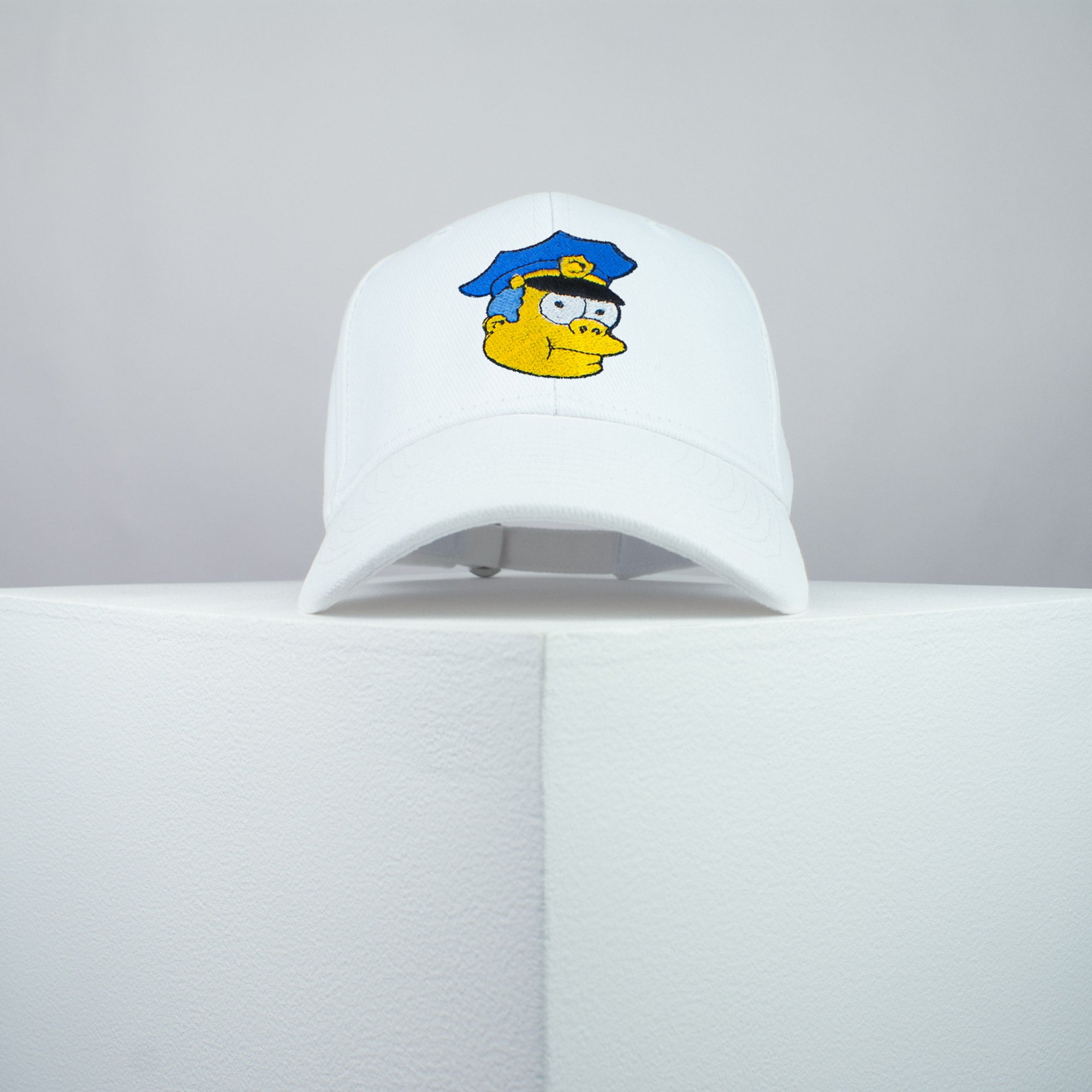 Chief Wiggum embroidered baseball cap white / the simpsons / bart / marge / homer / embroidery / patch / hat / dad hat / cap / iron on patch / embroidered patch / badge / applique / embroidered / punk patches / trucker hat / snapback / caps / dad hats / baseball hat / mens hat / womens hat / embroidered hat / dad cap / embroidered cap