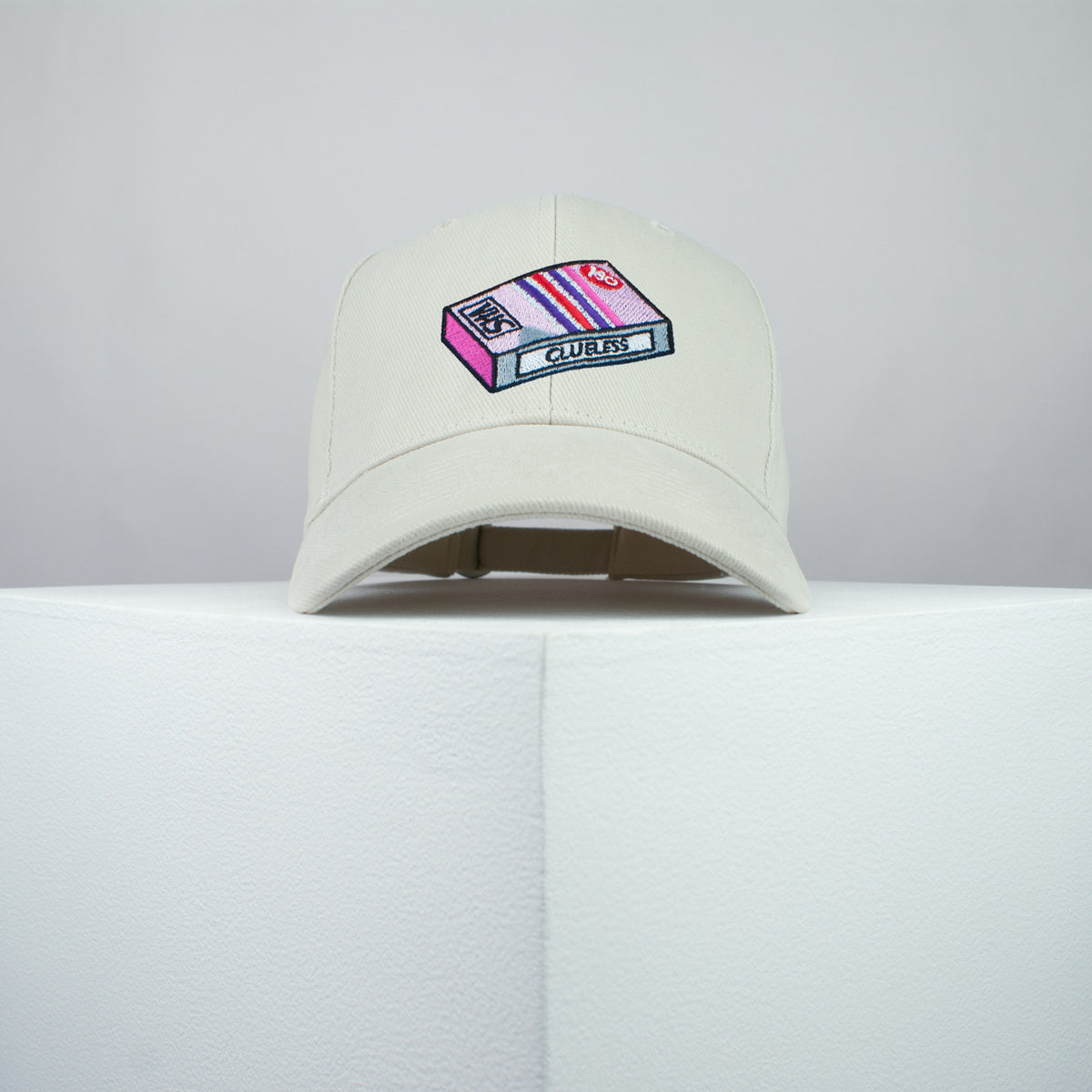 Clueless movie embroidered baseball cap beige / Retro VHS / Cher / 90s / video / gift for her / embroidery / patch / dad / hat / cap / clothing // Hatty Hats / iron on patch / dad hat embroidered patch / badge / applique / embroidered / punk patches / trucker hat / snapback / caps / dad hats / baseball hat / mens hat / womens hat / embroidered hat / dad cap / embroidered cap