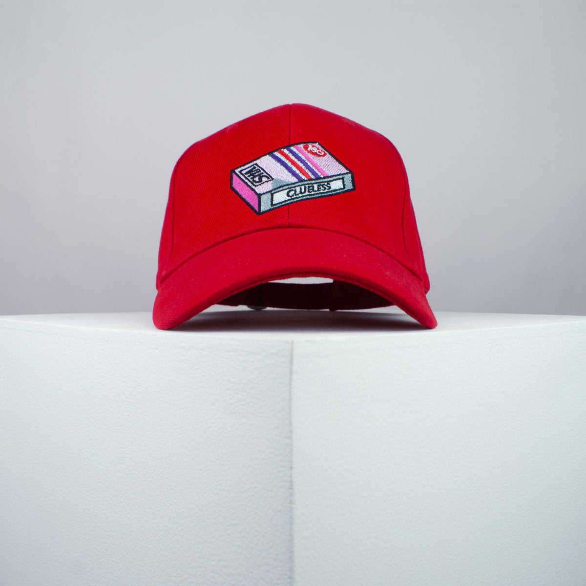 Clueless movie embroidered baseball cap red / Retro VHS / Cher / 90s / video / gift for her / embroidery / patch / dad / hat / cap / clothing // Hatty Hats / iron on patch / dad hat embroidered patch / badge / applique / embroidered / punk patches / trucker hat / snapback / caps / dad hats / baseball hat / mens hat / womens hat / embroidered hat / dad cap / embroidered cap