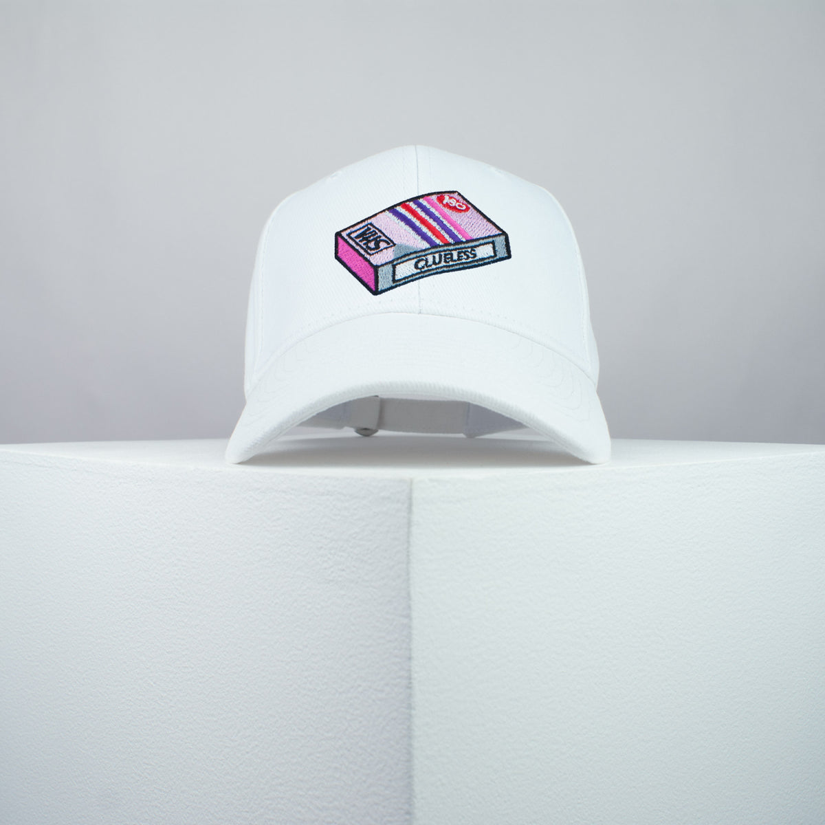 Clueless movie embroidered baseball cap white / Retro VHS / Cher / 90s / video / gift for her / embroidery / patch / dad / hat / cap / clothing // Hatty Hats / iron on patch / dad hat embroidered patch / badge / applique / embroidered / punk patches / trucker hat / snapback / caps / dad hats / baseball hat / mens hat / womens hat / embroidered hat / dad cap / embroidered cap