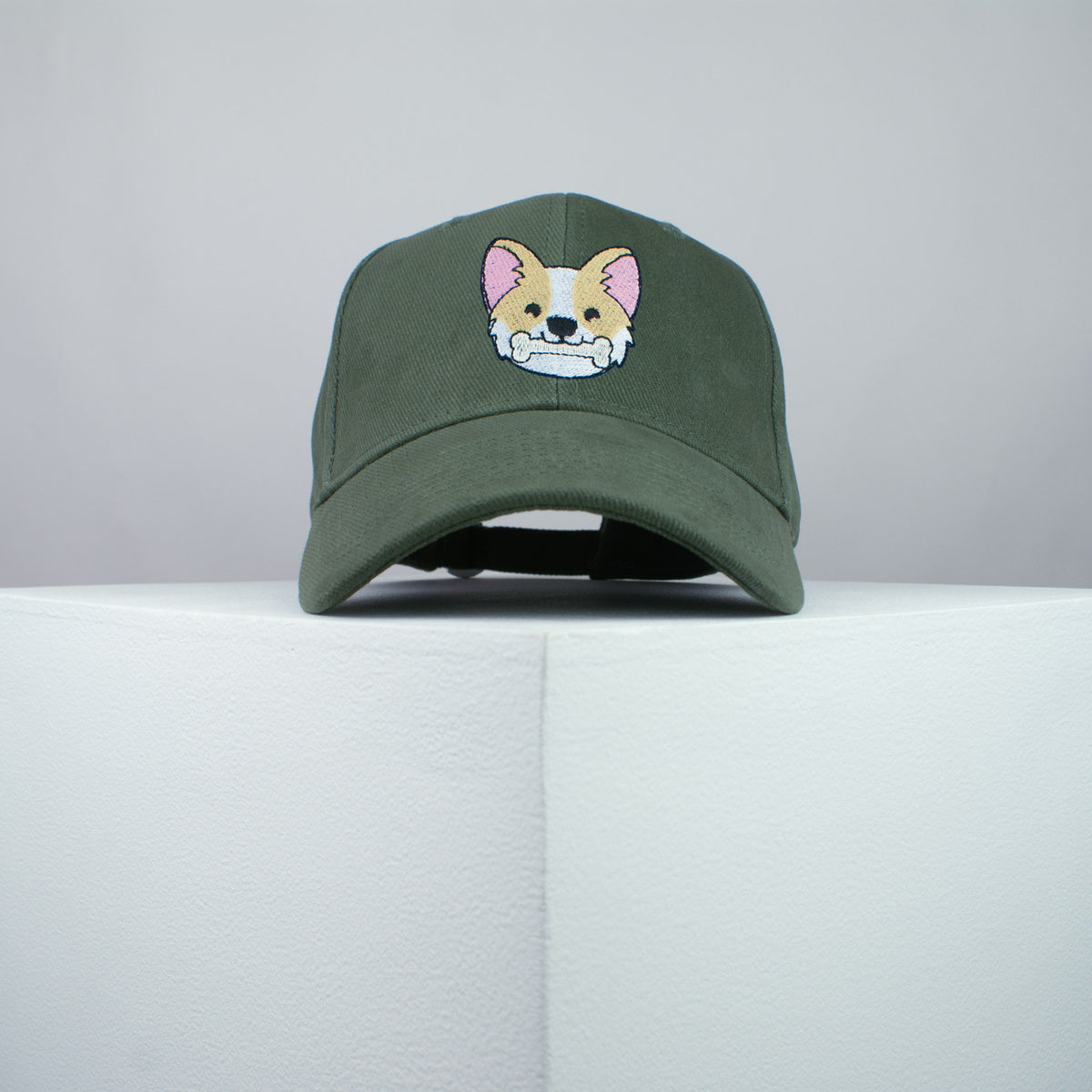 Cute Corgi bone embroidered baseball cap olive green / dog lover / puppy / pet / welsh / embroidery / patch / hat / dad hat / cap / iron on patch / embroidered patch / badge / applique / embroidered / punk patches / trucker hat / snapback / caps / dad hats / baseball hat / mens hat / womens hat / embroidered hat / dad cap / embroidered cap