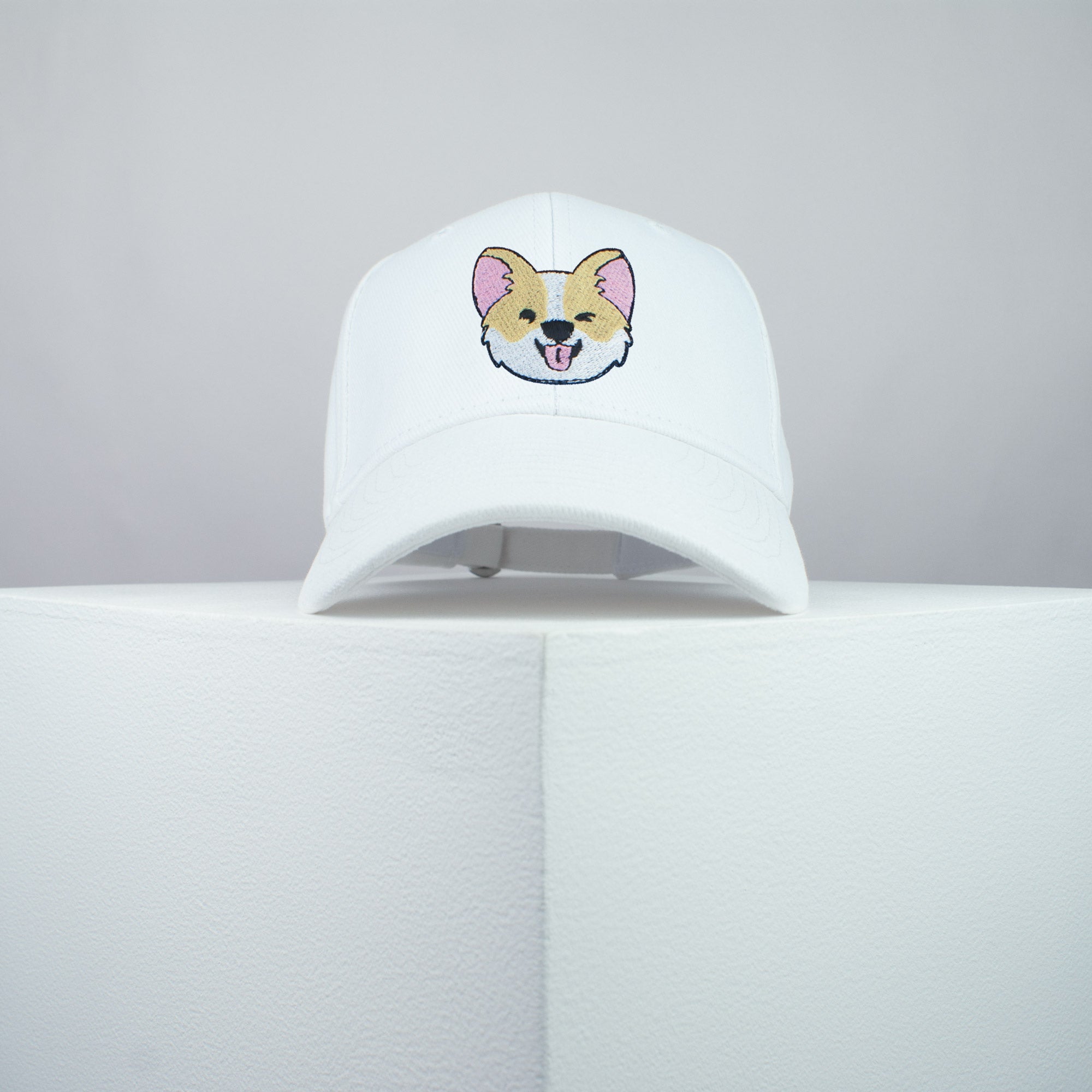 Cute Corgi wink embroidered baseball cap white / dog lover / puppy / pet / welsh / embroidery / patch / hat / dad hat / cap / iron on patch / embroidered patch / badge / applique / embroidered / punk patches / trucker hat / snapback / caps / dad hats / baseball hat / mens hat / womens hat / embroidered hat / dad cap / embroidered cap
