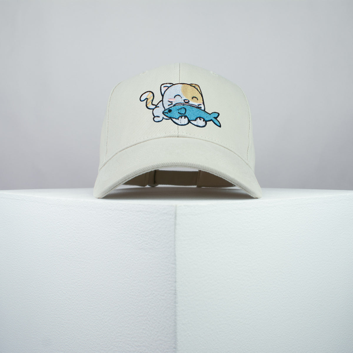 Cute Eating Kitty embroidered baseball cap beige / cat / kitten / fish / dog / embroidery / patch / hat / dad hat / cap / iron on patch / embroidered patch / badge / applique / embroidered / punk patches / trucker hat / snapback / caps / dad hats / baseball hat / mens hat / womens hat / embroidered hat / dad cap / embroidered cap