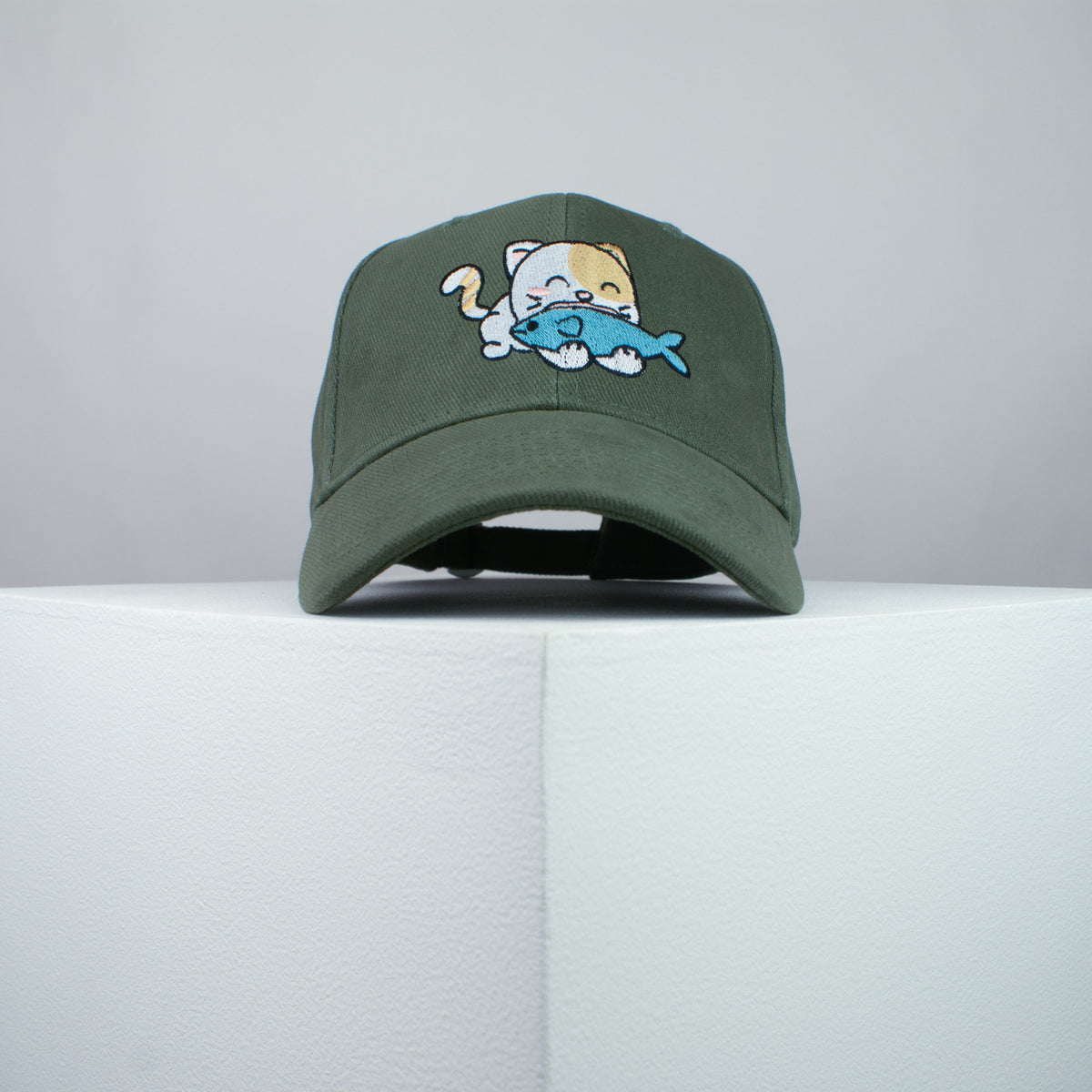 Cute Eating Kitty embroidered baseball cap olive green / cat / kitten / fish / dog / embroidery / patch / hat / dad hat / cap / iron on patch / embroidered patch / badge / applique / embroidered / punk patches / trucker hat / snapback / caps / dad hats / baseball hat / mens hat / womens hat / embroidered hat / dad cap / embroidered cap