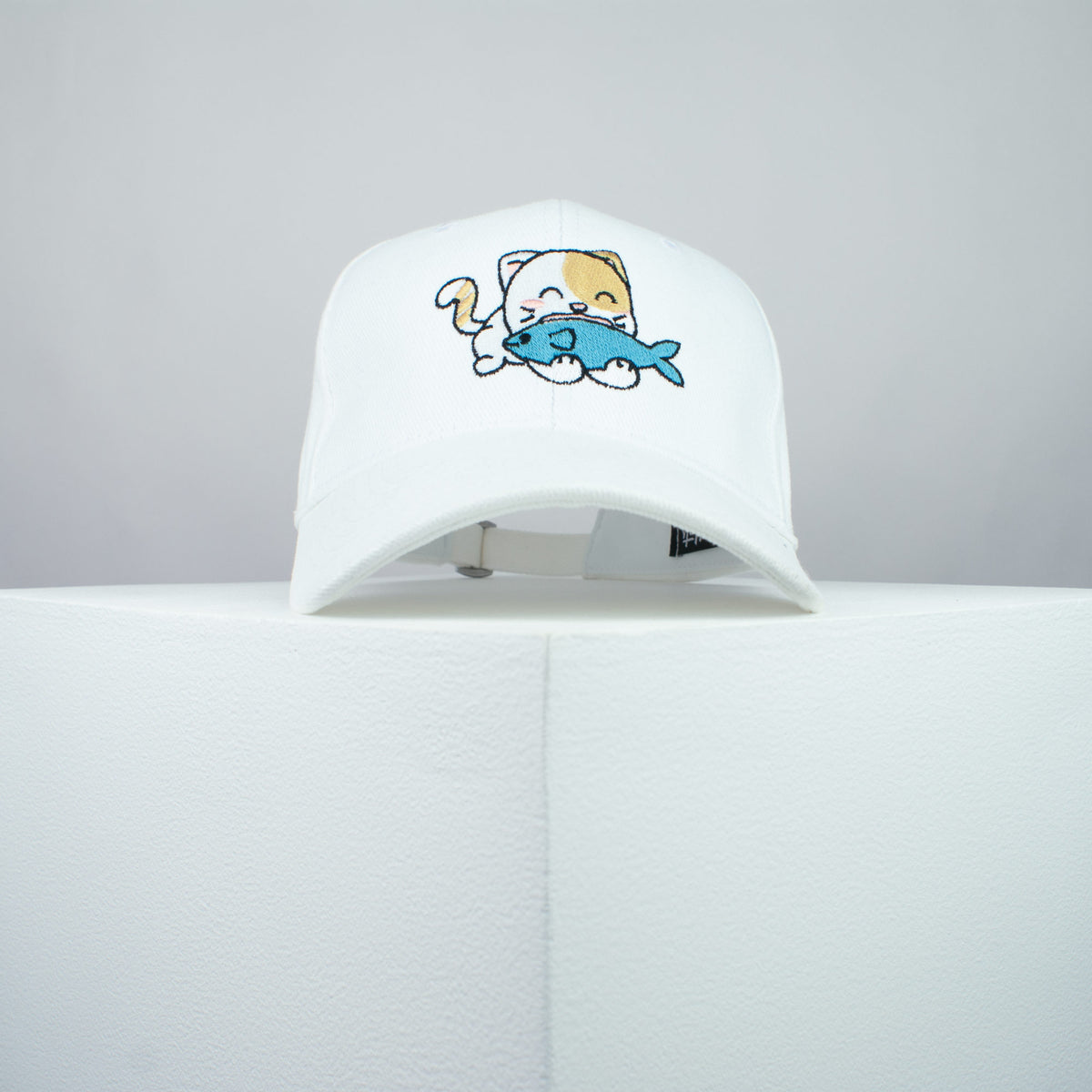 Cute Eating Kitty embroidered baseball cap white / cat / kitten / fish / dog / embroidery / patch / hat / dad hat / cap / iron on patch / embroidered patch / badge / applique / embroidered / punk patches / trucker hat / snapback / caps / dad hats / baseball hat / mens hat / womens hat / embroidered hat / dad cap / embroidered cap