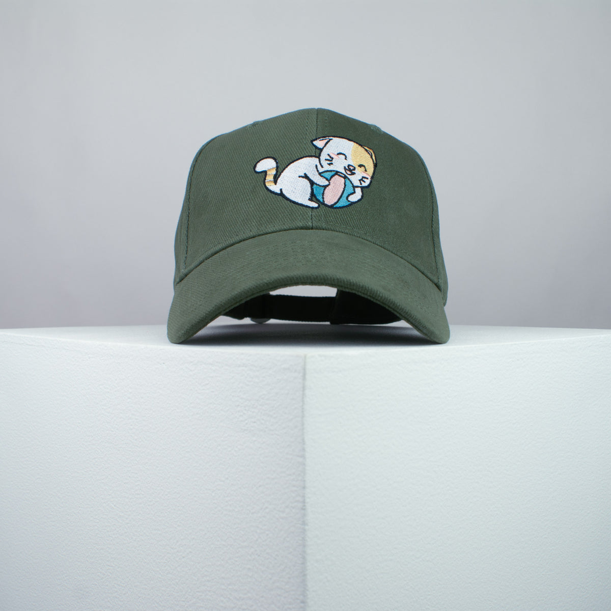 Cute playtime kitty embroidered baseball cap olive green / cat / kitten / ball / dog / embroidery / patch / hat / dad hat / cap / iron on patch / embroidered patch / badge / applique / embroidered / punk patches / trucker hat / snapback / caps / dad hats / baseball hat / mens hat / womens hat / embroidered hat / dad cap / embroidered cap