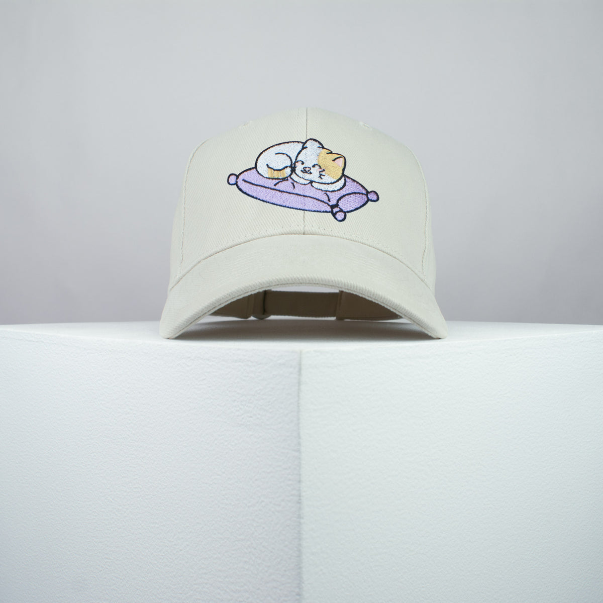 Cute sleeping kitty embroidered baseball cap beige / cat / kitten / pillow / dog / embroidery / patch / hat / dad hat / cap / iron on patch / embroidered patch / badge / applique / embroidered / punk patches / trucker hat / snapback / caps / dad hats / baseball hat / mens hat / womens hat / embroidered hat / dad cap / embroidered cap