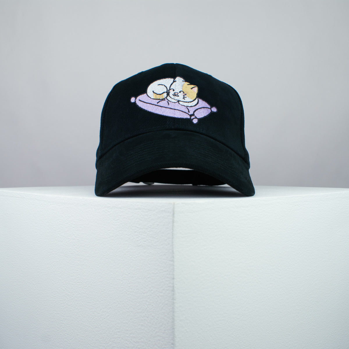 Cute sleeping kitty embroidered baseball cap black / cat / kitten / pillow / dog / embroidery / patch / hat / dad hat / cap / iron on patch / embroidered patch / badge / applique / embroidered / punk patches / trucker hat / snapback / caps / dad hats / baseball hat / mens hat / womens hat / embroidered hat / dad cap / embroidered cap