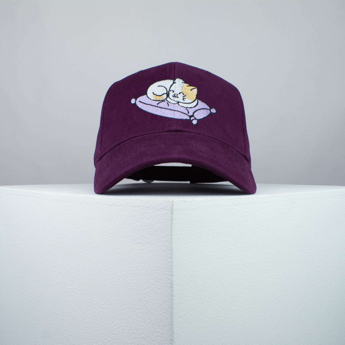 Cute sleeping kitty embroidered baseball cap burgundy / cat / kitten / pillow / dog / embroidery / patch / hat / dad hat / cap / iron on patch / embroidered patch / badge / applique / embroidered / punk patches / trucker hat / snapback / caps / dad hats / baseball hat / mens hat / womens hat / embroidered hat / dad cap / embroidered cap