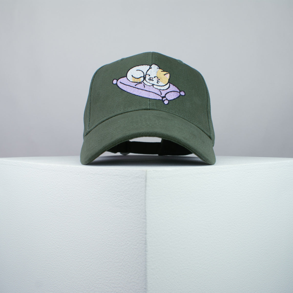 Cute sleeping kitty embroidered baseball cap olive green / cat / kitten / pillow / dog / embroidery / patch / hat / dad hat / cap / iron on patch / embroidered patch / badge / applique / embroidered / punk patches / trucker hat / snapback / caps / dad hats / baseball hat / mens hat / womens hat / embroidered hat / dad cap / embroidered cap