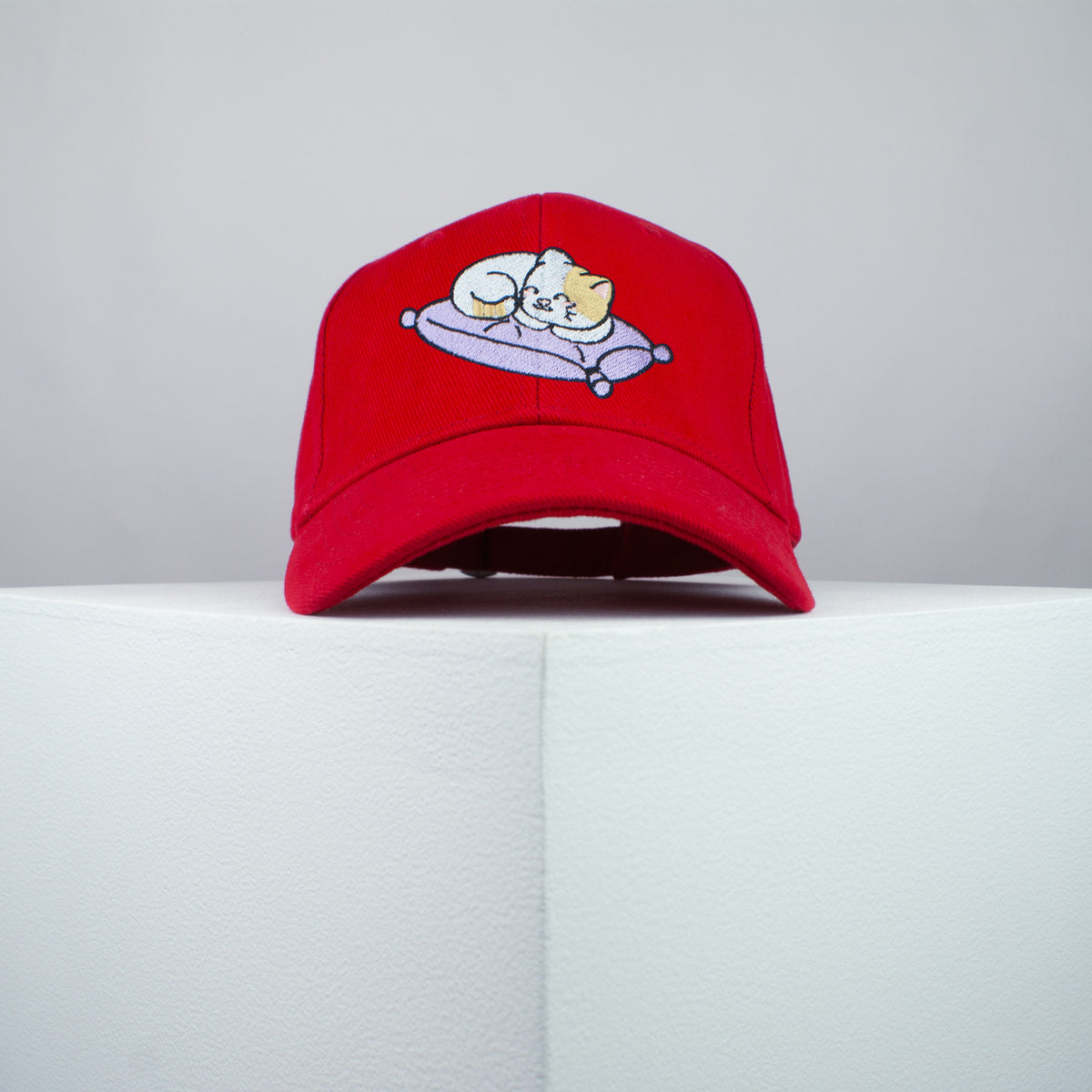 Cute sleeping kitty embroidered baseball cap red / cat / kitten / pillow / dog / embroidery / patch / hat / dad hat / cap / iron on patch / embroidered patch / badge / applique / embroidered / punk patches / trucker hat / snapback / caps / dad hats / baseball hat / mens hat / womens hat / embroidered hat / dad cap / embroidered cap