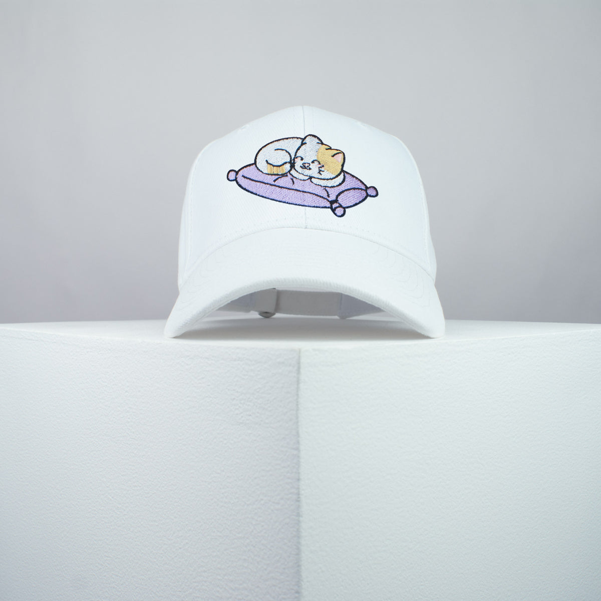 Cute sleeping kitty embroidered baseball cap white / cat / kitten / pillow / dog / embroidery / patch / hat / dad hat / cap / iron on patch / embroidered patch / badge / applique / embroidered / punk patches / trucker hat / snapback / caps / dad hats / baseball hat / mens hat / womens hat / embroidered hat / dad cap / embroidered cap