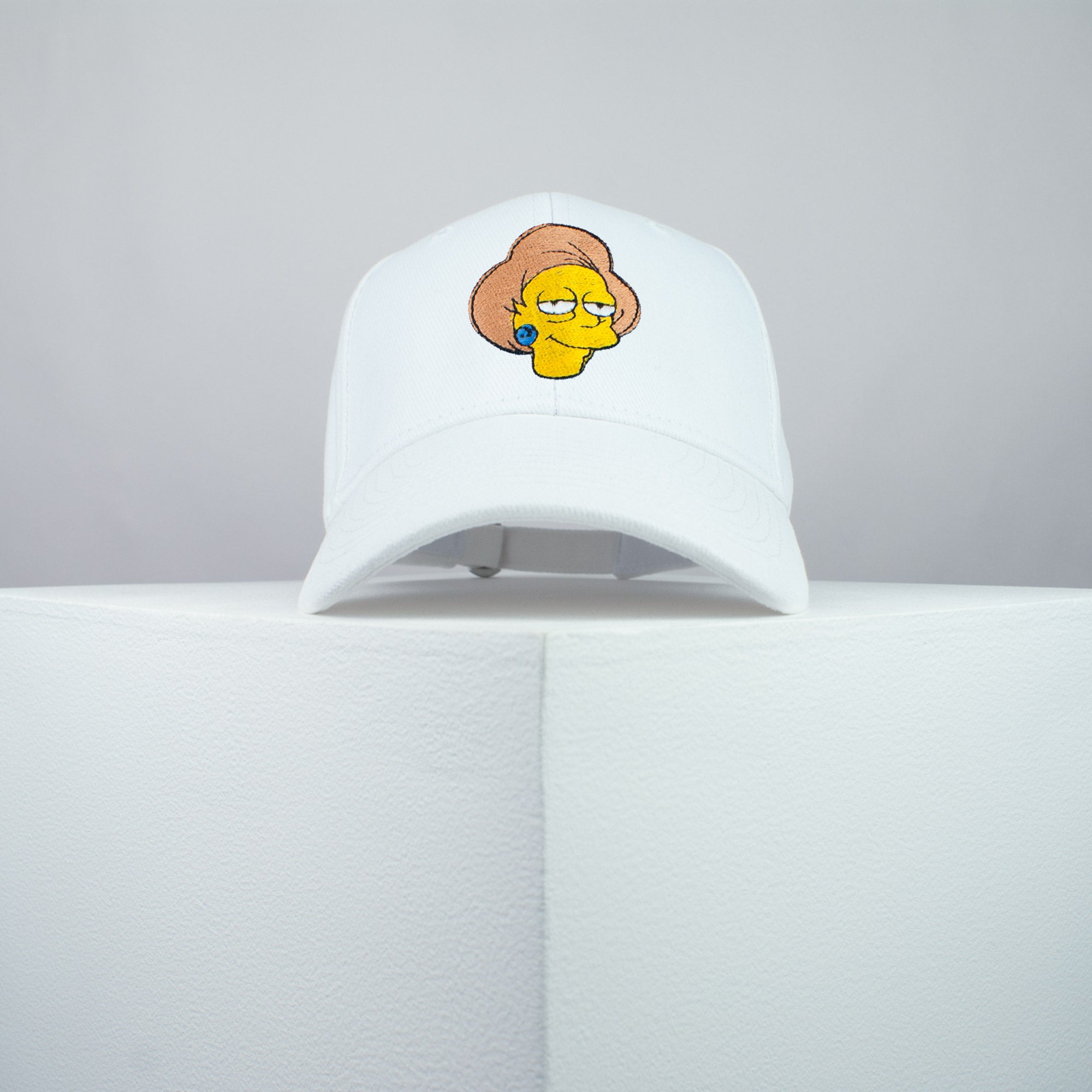Edna Krabappel embroidered baseball cap white / the simpsons / bart / marge / homer / embroidery / patch / hat / dad hat / cap / iron on patch / embroidered patch / badge / applique / embroidered / punk patches / trucker hat / snapback / caps / dad hats / baseball hat / mens hat / womens hat / embroidered hat / dad cap / embroidered cap