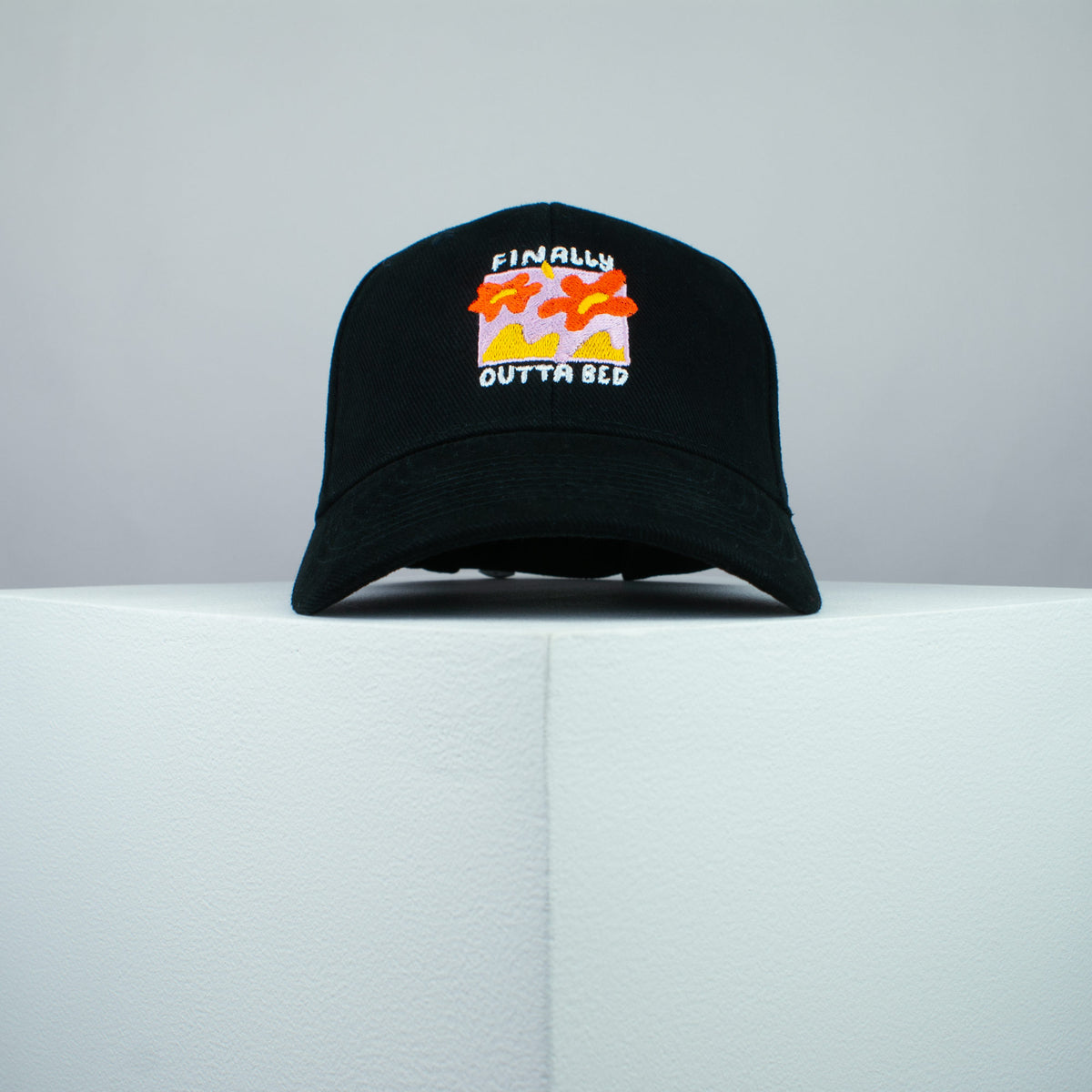 Finally outta bed embroidered baseball cap black / meditation / bed / yoga / spiritual / gift for her / embroidery / patch / hat / dad hat / cap // Hatty Hats / iron on patch / embroidered patch / badge / applique / embroidered / punk patches / trucker hat / snapback / caps / dad hats / baseball hat / mens hat / womens hat / embroidered hat / dad cap / embroidered cap