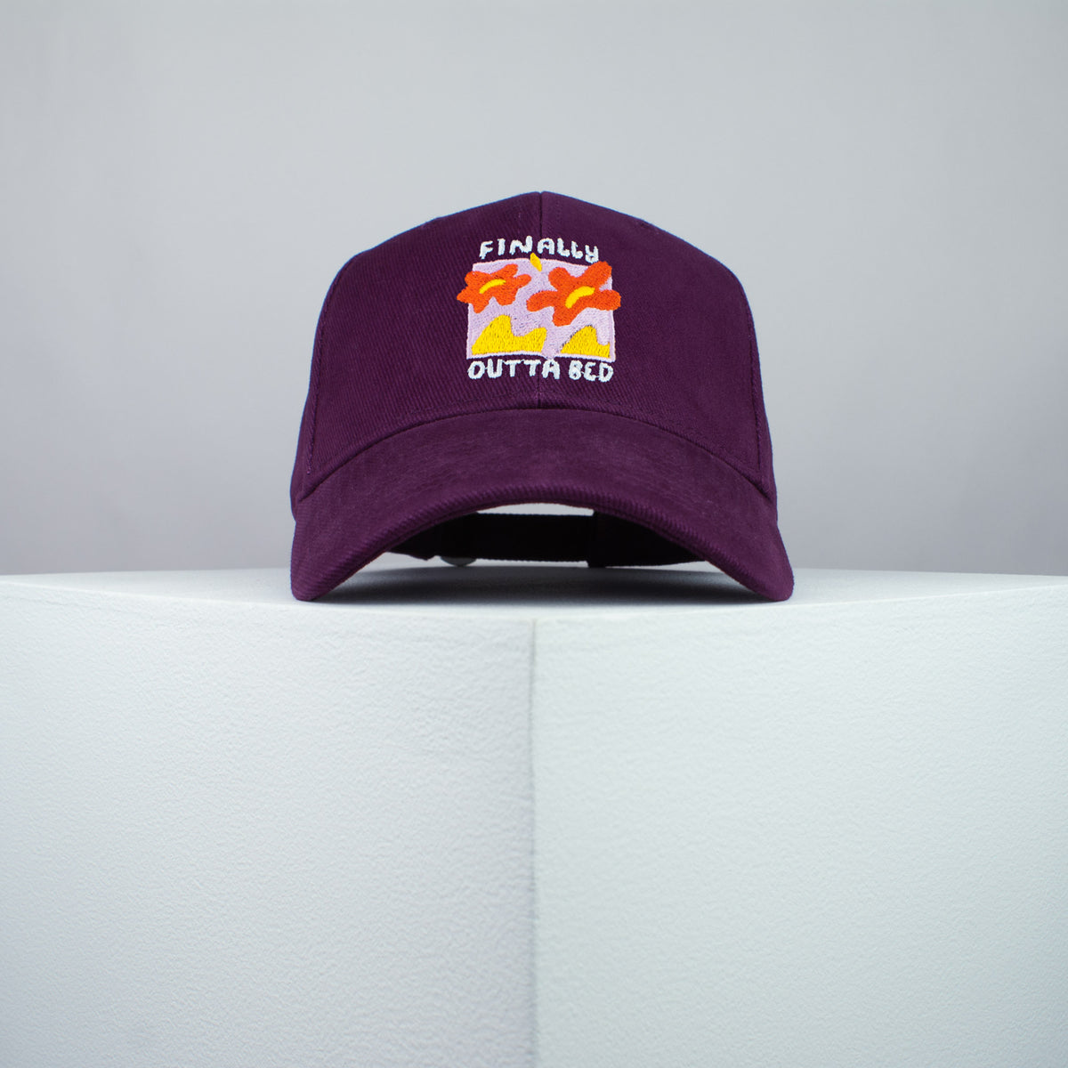 Finally outta bed embroidered baseball cap burgundy / meditation / bed / yoga / spiritual / gift for her / embroidery / patch / hat / dad hat / cap // Hatty Hats / iron on patch / embroidered patch / badge / applique / embroidered / punk patches / trucker hat / snapback / caps / dad hats / baseball hat / mens hat / womens hat / embroidered hat / dad cap / embroidered cap
