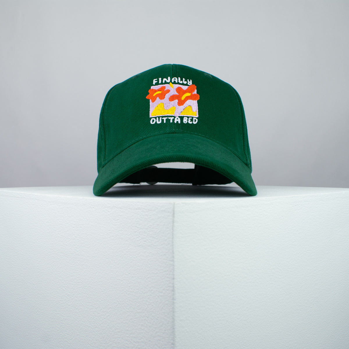 Finally outta bed embroidered baseball cap green / meditation / bed / yoga / spiritual / gift for her / embroidery / patch / hat / dad hat / cap // Hatty Hats / iron on patch / embroidered patch / badge / applique / embroidered / punk patches / trucker hat / snapback / caps / dad hats / baseball hat / mens hat / womens hat / embroidered hat / dad cap / embroidered cap