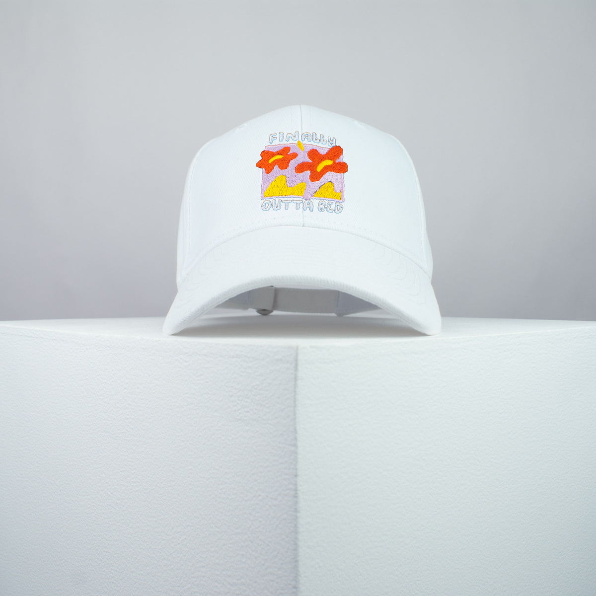Finally outta bed embroidered baseball cap white / meditation / bed / yoga / spiritual / gift for her / embroidery / patch / hat / dad hat / cap // Hatty Hats / iron on patch / embroidered patch / badge / applique / embroidered / punk patches / trucker hat / snapback / caps / dad hats / baseball hat / mens hat / womens hat / embroidered hat / dad cap / embroidered cap