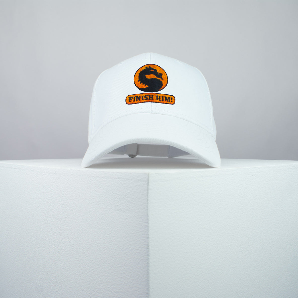Finish him / Mortal Combat embroidered baseball cap white / SNES / nintendo / N64 / gaming / gamer / Tekken / playstation / embroidery / patch / dad / hat / cap / clothing // Hatty Hats / iron on patch / dad hat embroidered patch / badge / applique / embroidered / punk patches / trucker hat / snapback / caps / dad hats / baseball hat / mens hat / womens hat / embroidered hat / dad cap / embroidered cap