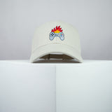 Flaming controller embroidered baseball cap beige / SNES / nintendo / N64 / gaming / gamer / playstation / embroidery / patch / dad / hat / cap / clothing // Hatty Hats / iron on patch / dad hat embroidered patch / badge / applique / embroidered / punk patches / trucker hat / snapback / caps / dad hats / baseball hat / mens hat / womens hat / embroidered hat / dad cap / embroidered cap