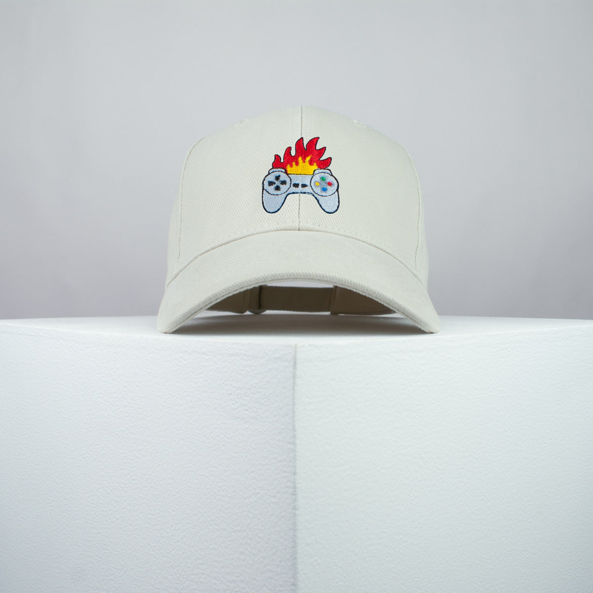 Flaming controller embroidered baseball cap beige / SNES / nintendo / N64 / gaming / gamer / playstation / embroidery / patch / dad / hat / cap / clothing // Hatty Hats / iron on patch / dad hat embroidered patch / badge / applique / embroidered / punk patches / trucker hat / snapback / caps / dad hats / baseball hat / mens hat / womens hat / embroidered hat / dad cap / embroidered cap