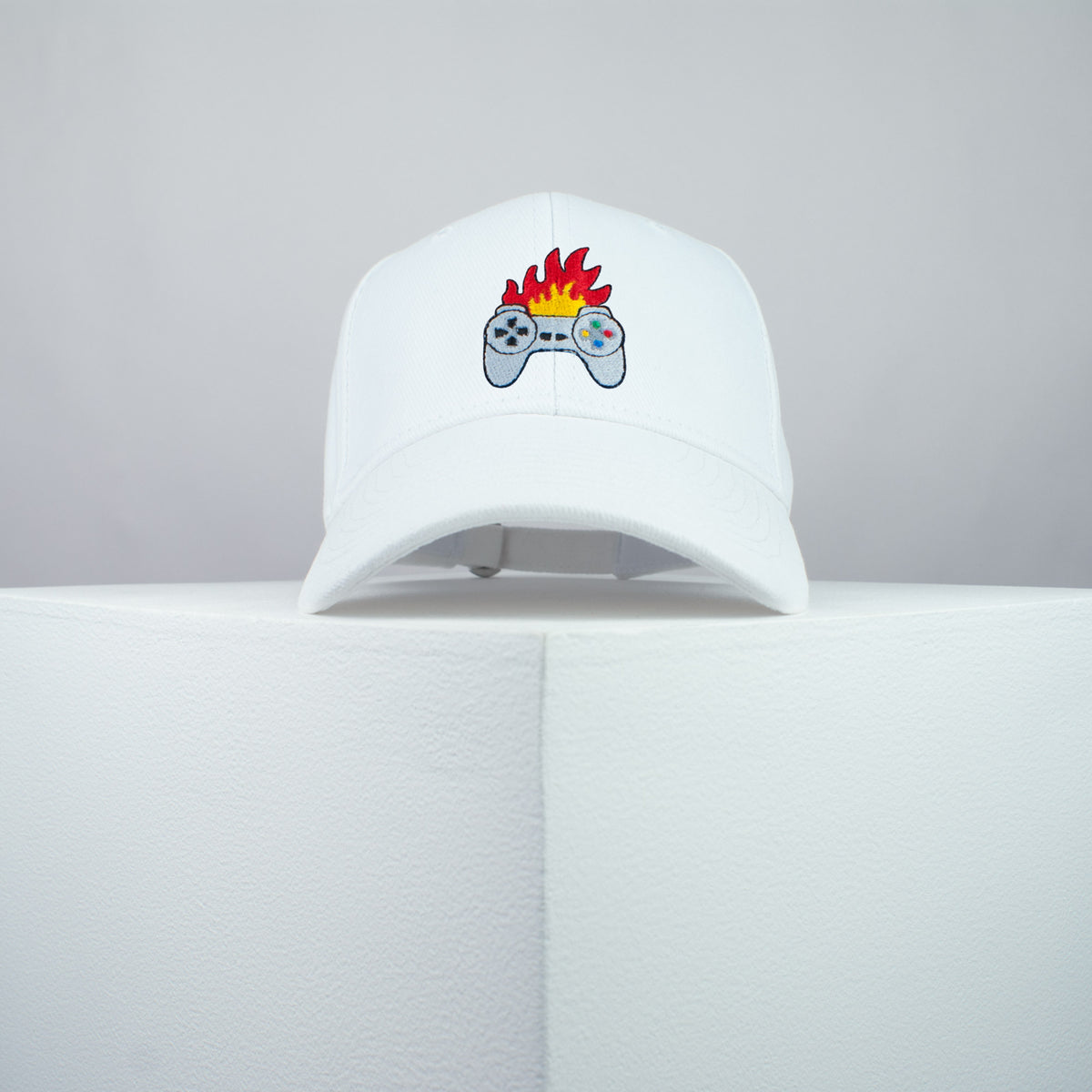 Flaming controller embroidered baseball cap white / SNES / nintendo / N64 / gaming / gamer / playstation / embroidery / patch / dad / hat / cap / clothing // Hatty Hats / iron on patch / dad hat embroidered patch / badge / applique / embroidered / punk patches / trucker hat / snapback / caps / dad hats / baseball hat / mens hat / womens hat / embroidered hat / dad cap / embroidered cap