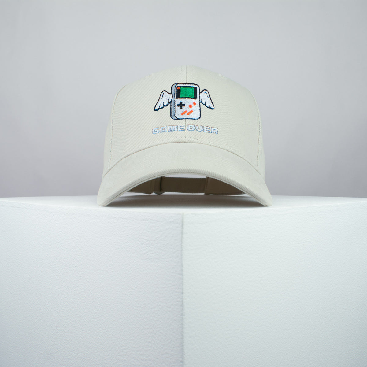 Game over embroidered baseball cap beige / gameboy color / SNES / nintendo / N64 / gaming / gamer / embroidery / patch / dad / hat / cap / clothing // Hatty Hats / iron on patch / dad hat embroidered patch / badge / applique / embroidered / punk patches / trucker hat / snapback / caps / dad hats / baseball hat / mens hat / womens hat / embroidered hat / dad cap / embroidered cap