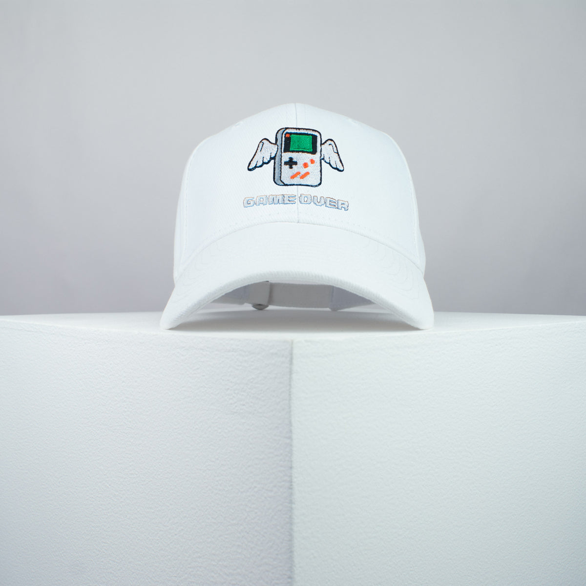 Game over embroidered baseball cap white / gameboy color / SNES / nintendo / N64 / gaming / gamer / embroidery / patch / dad / hat / cap / clothing // Hatty Hats / iron on patch / dad hat embroidered patch / badge / applique / embroidered / punk patches / trucker hat / snapback / caps / dad hats / baseball hat / mens hat / womens hat / embroidered hat / dad cap / embroidered cap
