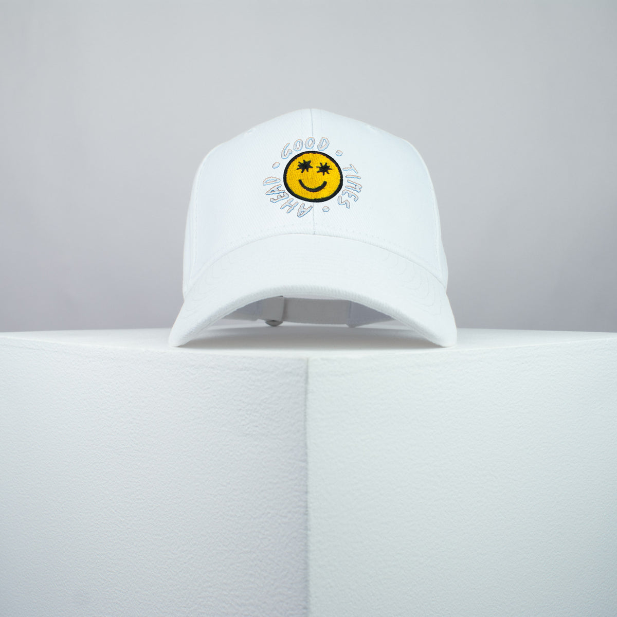Good times ahead embroidered baseball cap white / 90s / smiley / vintage / rainbow / embroidery / patch / hat / dad hat / cap / iron on patch / embroidered patch / badge / applique / embroidered / punk patches / trucker hat / snapback / caps / dad hats / baseball hat / mens hat / womens hat / embroidered hat / dad cap / embroidered cap