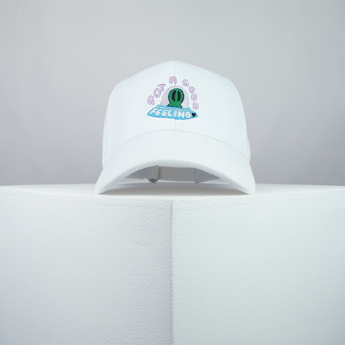 Got A Good Feeling embroidered baseball cap white / yoga / meditation / alien / gift for her / embroidery / patch / hat / dad hat / cap / iron on patch / embroidered patch / badge / applique / embroidered / punk patches / trucker hat / snapback / caps / dad hats / baseball hat / mens hat / womens hat / embroidered hat / dad cap / embroidered cap