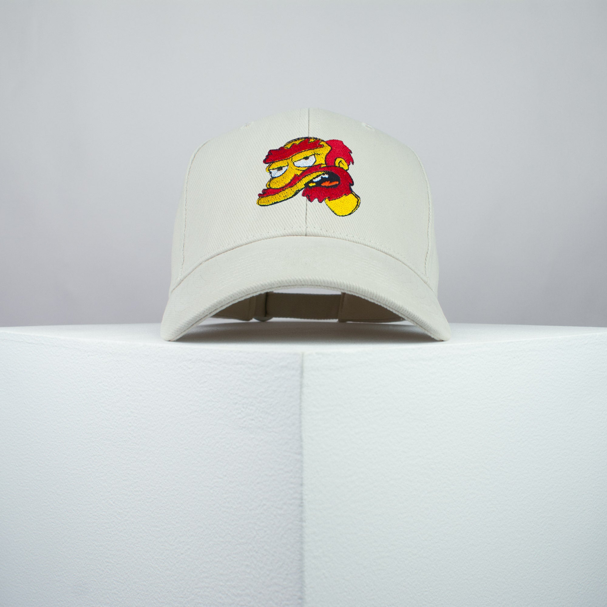 Groundskeeper Willie embroidered baseball cap beige / the simpsons / bart / marge / homer / embroidery / patch / hat / dad hat / cap / iron on patch / embroidered patch / badge / applique / embroidered / punk patches / trucker hat / snapback / caps / dad hats / baseball hat / mens hat / womens hat / embroidered hat / dad cap / embroidered cap