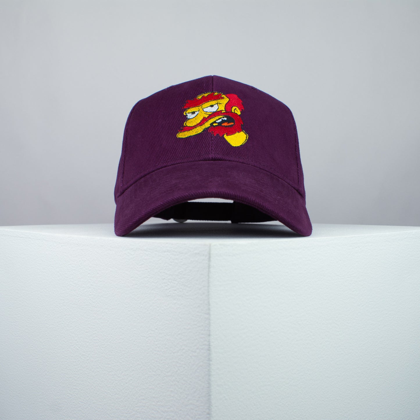 Groundskeeper Willie embroidered baseball cap burgundy / the simpsons / bart / marge / homer / embroidery / patch / hat / dad hat / cap / iron on patch / embroidered patch / badge / applique / embroidered / punk patches / trucker hat / snapback / caps / dad hats / baseball hat / mens hat / womens hat / embroidered hat / dad cap / embroidered cap