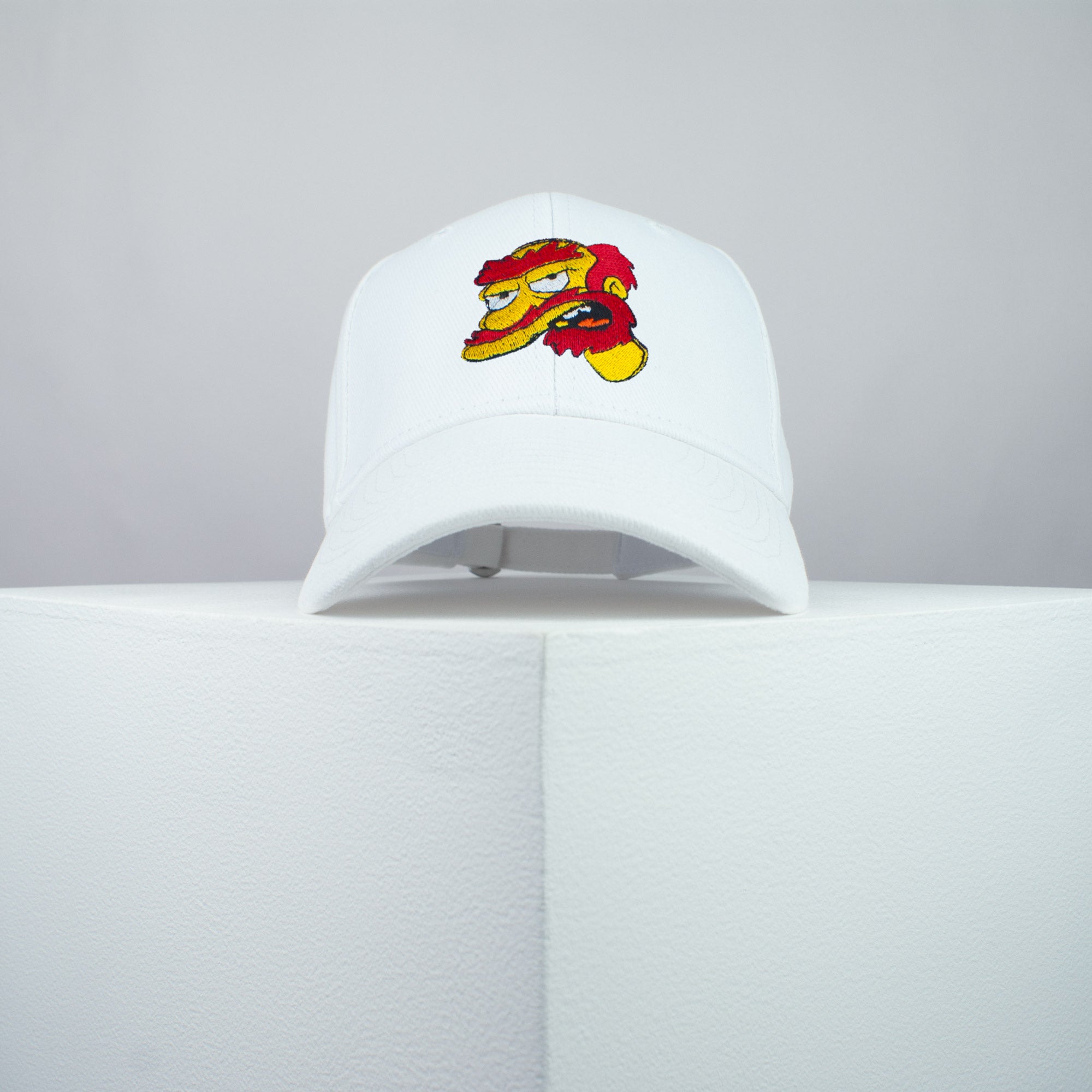 Groundskeeper Willie embroidered baseball cap white / the simpsons / bart / marge / homer / embroidery / patch / hat / dad hat / cap / iron on patch / embroidered patch / badge / applique / embroidered / punk patches / trucker hat / snapback / caps / dad hats / baseball hat / mens hat / womens hat / embroidered hat / dad cap / embroidered cap