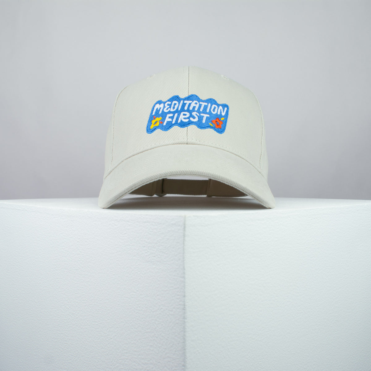 Meditation first embroidered baseball cap beige / yoga / mental health / spiritual / gift for her / embroidery / patch / hat / dad hat / cap // Hatty Hats / iron on patch / embroidered patch / badge / applique / embroidered / punk patches / trucker hat / snapback / caps / dad hats / baseball hat / mens hat / womens hat / embroidered hat / dad cap / embroidered cap