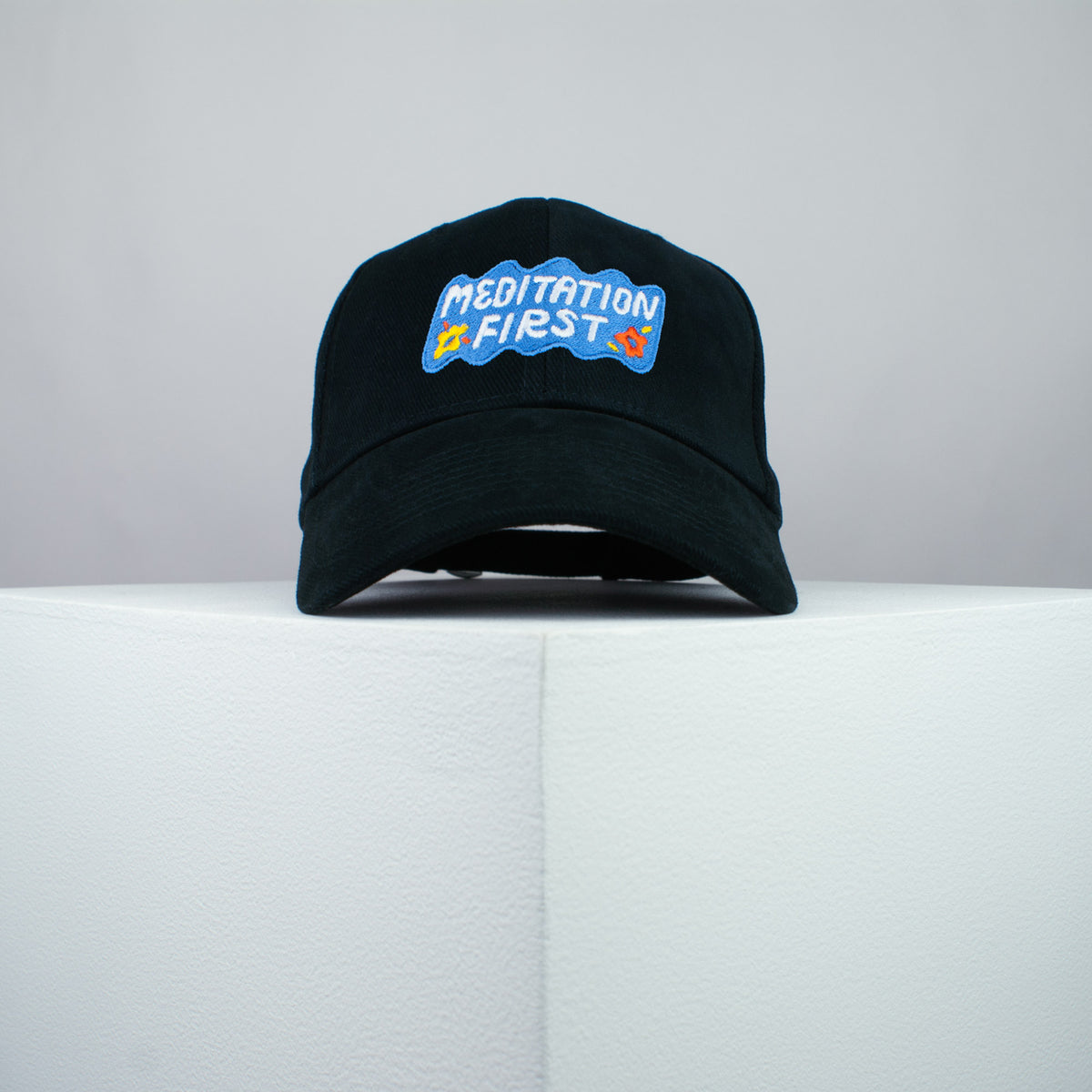 Meditation first embroidered baseball cap black / yoga / mental health / spiritual / gift for her / embroidery / patch / hat / dad hat / cap // Hatty Hats / iron on patch / embroidered patch / badge / applique / embroidered / punk patches / trucker hat / snapback / caps / dad hats / baseball hat / mens hat / womens hat / embroidered hat / dad cap / embroidered cap