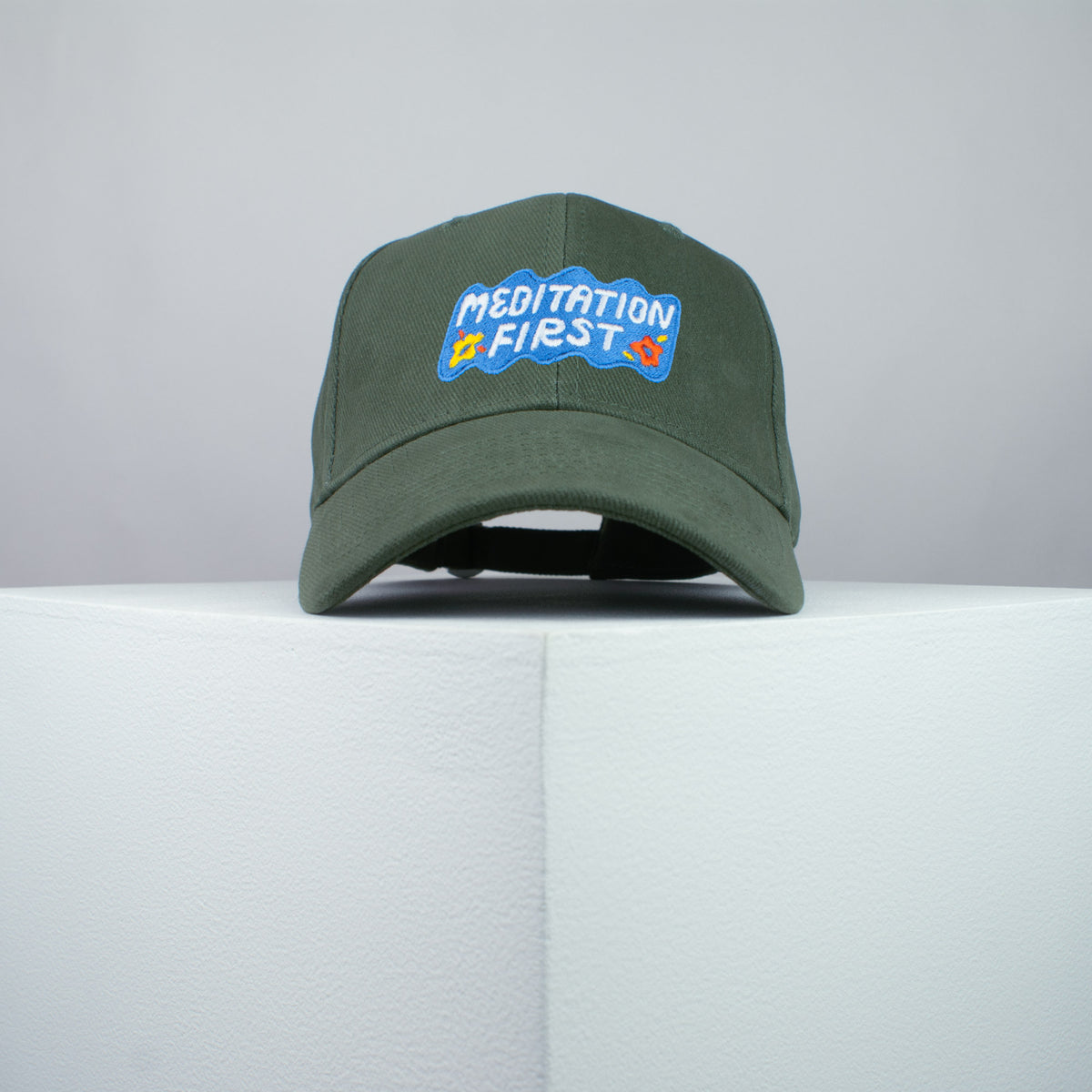Meditation first embroidered baseball cap olive green / yoga / mental health / spiritual / gift for her / embroidery / patch / hat / dad hat / cap // Hatty Hats / iron on patch / embroidered patch / badge / applique / embroidered / punk patches / trucker hat / snapback / caps / dad hats / baseball hat / mens hat / womens hat / embroidered hat / dad cap / embroidered cap