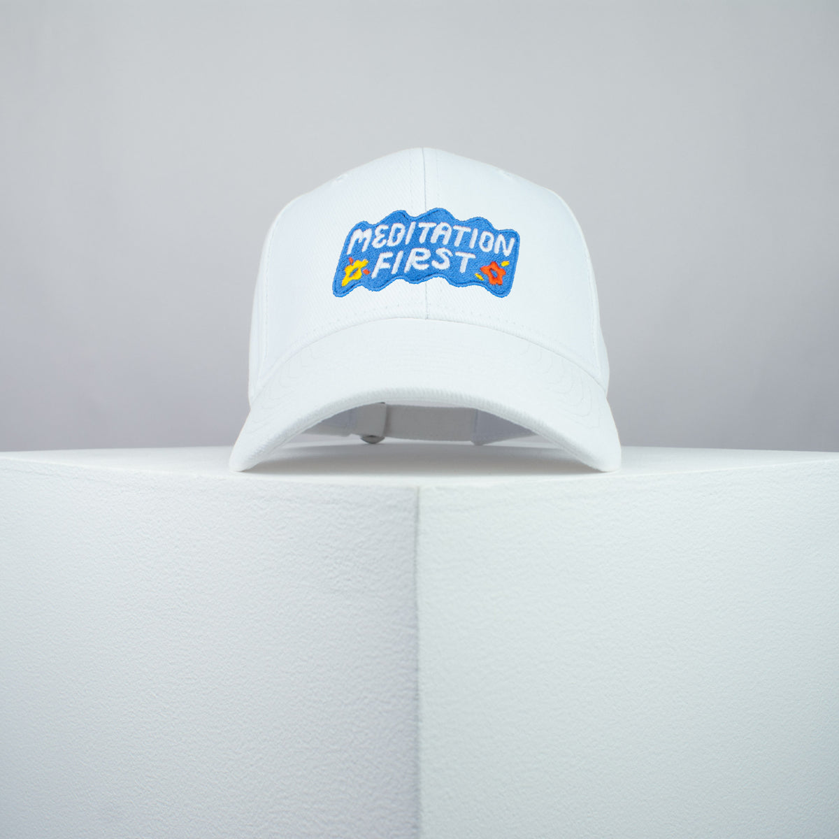 Meditation first embroidered baseball cap white / yoga / mental health / spiritual / gift for her / embroidery / patch / hat / dad hat / cap // Hatty Hats / iron on patch / embroidered patch / badge / applique / embroidered / punk patches / trucker hat / snapback / caps / dad hats / baseball hat / mens hat / womens hat / embroidered hat / dad cap / embroidered cap