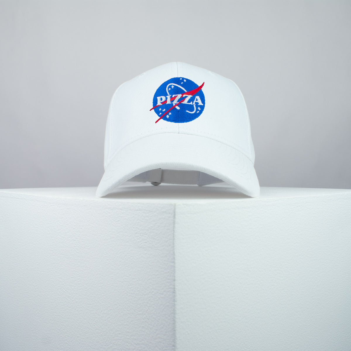 space pizza embroidered baseball cap white / brand twisters / space / food / moon / embroidery / patch / dad / hat / cap / clothing // Hatty Hats / iron on patch / dad hat embroidered patch / badge / applique / embroidered / punk patches / trucker hat / snapback / caps / dad hats / baseball hat / mens hat / womens hat / embroidered hat / dad cap / embroidered cap