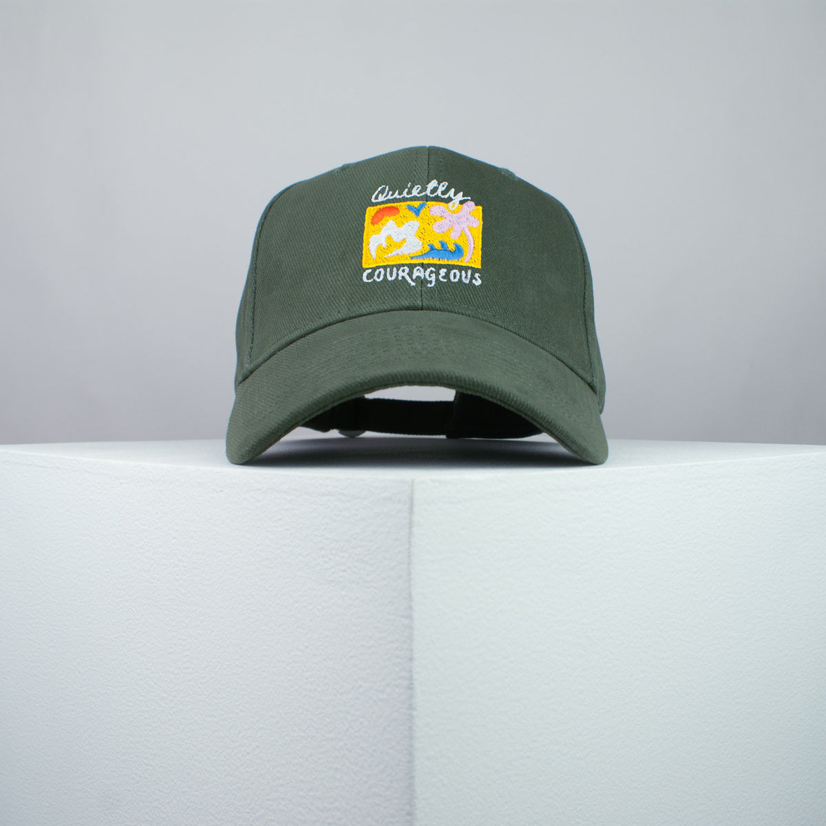 Quietly courageous embroidered baseball cap olive green / yoga / mental health / self care / gift for her / embroidery / patch / hat / dad hat / cap // Hatty Hats / iron on patch / embroidered patch / badge / applique / embroidered / punk patches / trucker hat / snapback / caps / dad hats / baseball hat / mens hat / womens hat / embroidered hat / dad cap / embroidered cap