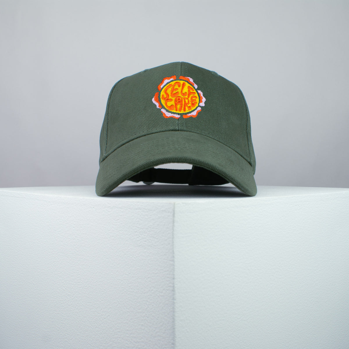 Self care embroidered baseball cap olive green / yoga / mental health / care package / gift for her / embroidery / patch / hat / dad hat / cap // Hatty Hats / iron on patch / embroidered patch / badge / applique / embroidered / punk patches / trucker hat / snapback / caps / dad hats / baseball hat / mens hat / womens hat / embroidered hat / dad cap / embroidered cap