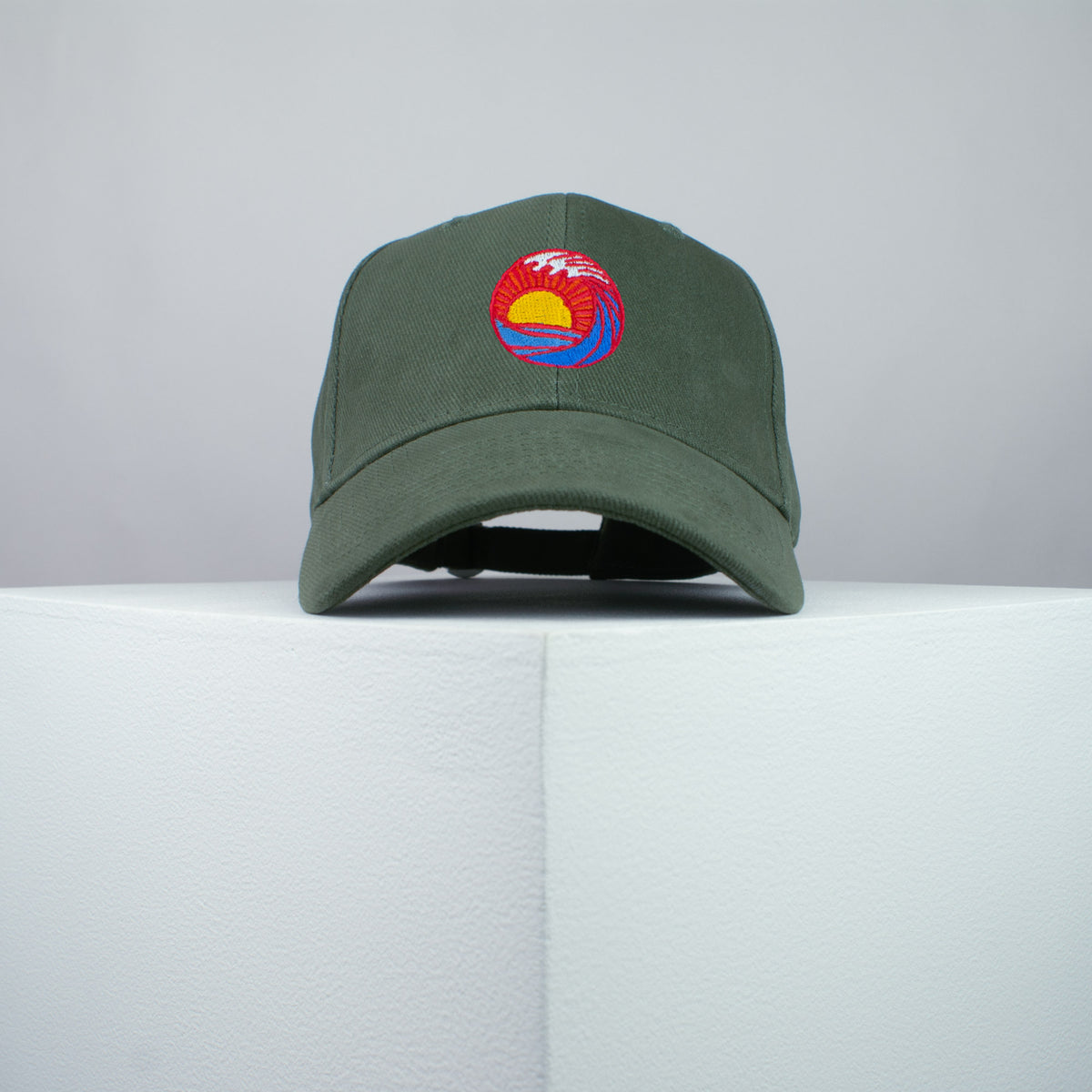 Sunset wave embroidered baseball cap olive green / japanese / gift / ocean / embroidery / patch / hat / dad hat / cap / iron on patch / embroidered patch / badge / applique / embroidered / punk patches / trucker hat / snapback / caps / dad hats / baseball hat / mens hat / womens hat / embroidered hat / dad cap / embroidered cap