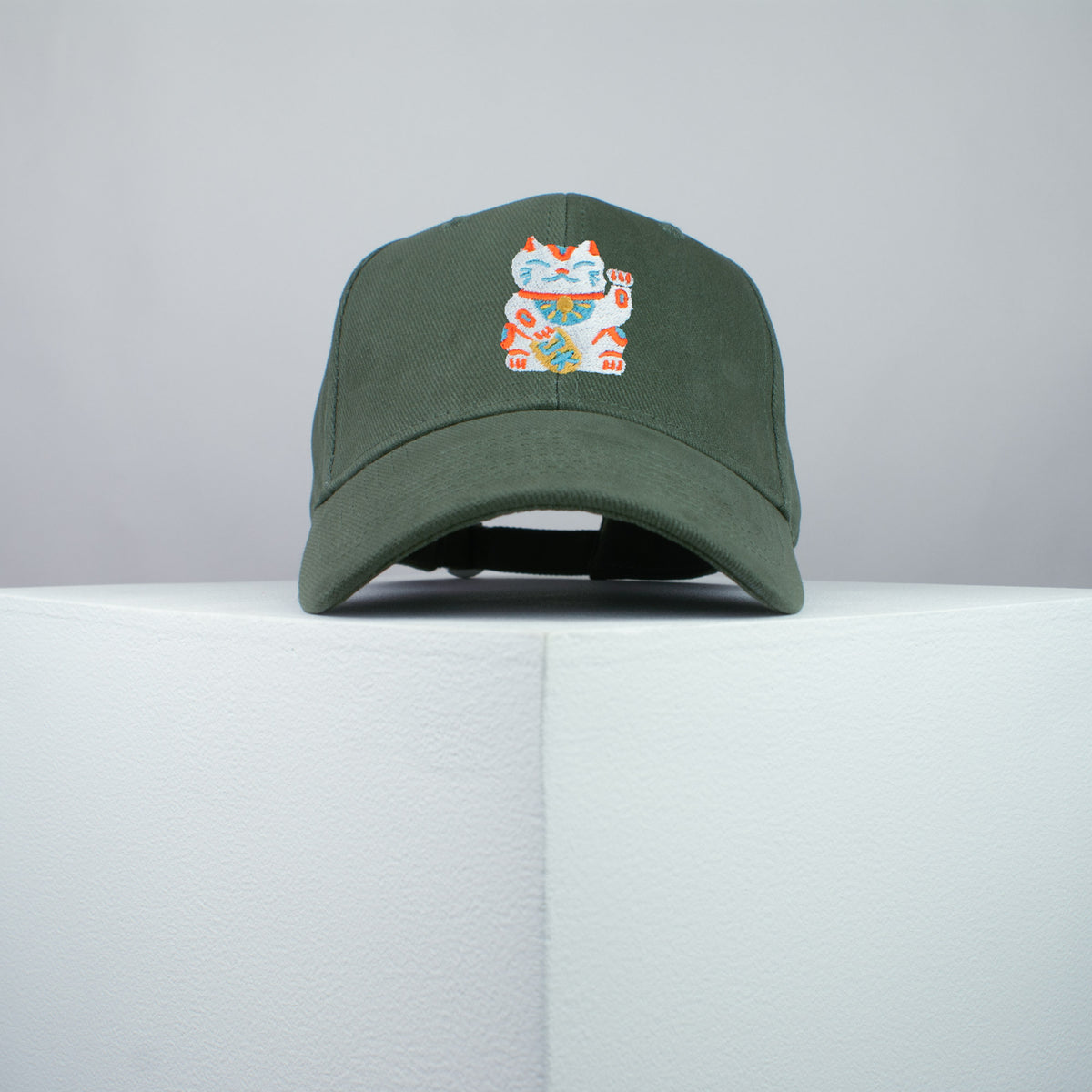 Waving cat embroidered baseball cap olive green / japan / japanese / cat / cute / streetwear / embroidery / patch / dad / hat / cap / clothing // Hatty Hats / iron on patch / dad hat embroidered patch / badge / applique / embroidered / punk patches / trucker hat / snapback / caps / dad hats / baseball hat / mens hat / womens hat / embroidered hat / dad cap / embroidered cap