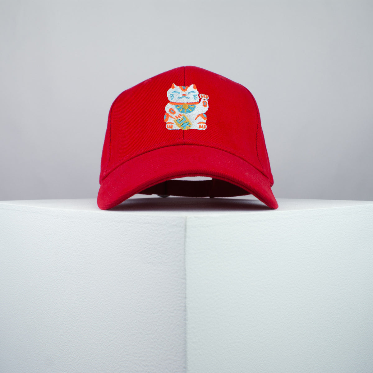 Waving cat embroidered baseball cap red / japan / japanese / cat / cute / streetwear / embroidery / patch / dad / hat / cap / clothing // Hatty Hats / iron on patch / dad hat embroidered patch / badge / applique / embroidered / punk patches / trucker hat / snapback / caps / dad hats / baseball hat / mens hat / womens hat / embroidered hat / dad cap / embroidered cap