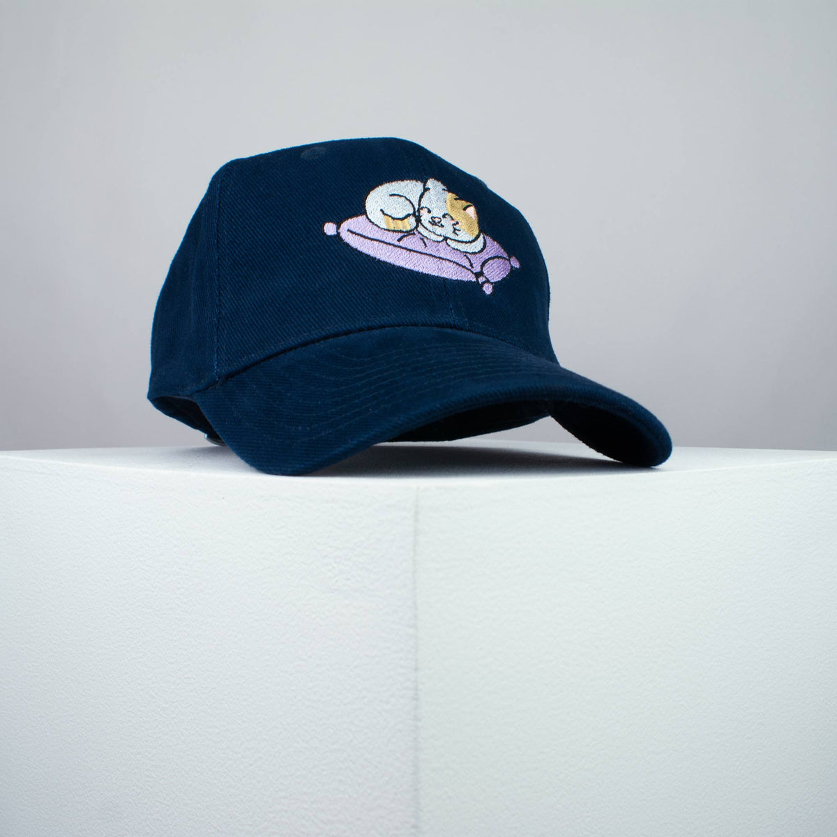 Cute sleeping kitty embroidered baseball cap (8 hat colours) / cat / kitten / pillow / dog / embroidery / patch / hat / dad hat / cap / iron on patch / embroidered patch / badge / applique / embroidered / punk patches / trucker hat / snapback / caps / dad hats / baseball hat / mens hat / womens hat / embroidered hat / dad cap / embroidered cap 1