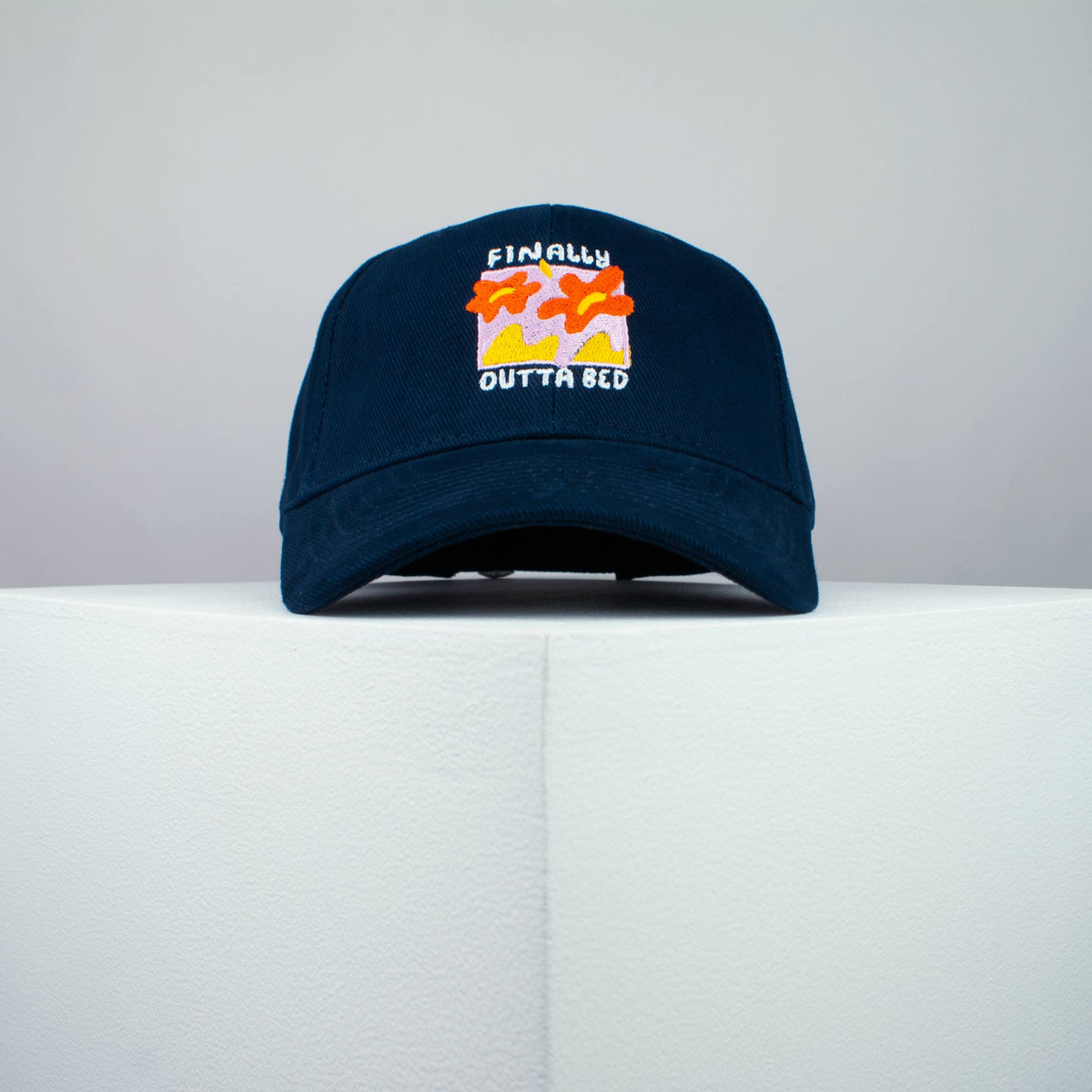 Finally outta bed embroidered baseball cap navy / meditation / bed / yoga / spiritual / gift for her / embroidery / patch / hat / dad hat / cap // Hatty Hats / iron on patch / embroidered patch / badge / applique / embroidered / punk patches / trucker hat / snapback / caps / dad hats / baseball hat / mens hat / womens hat / embroidered hat / dad cap / embroidered cap