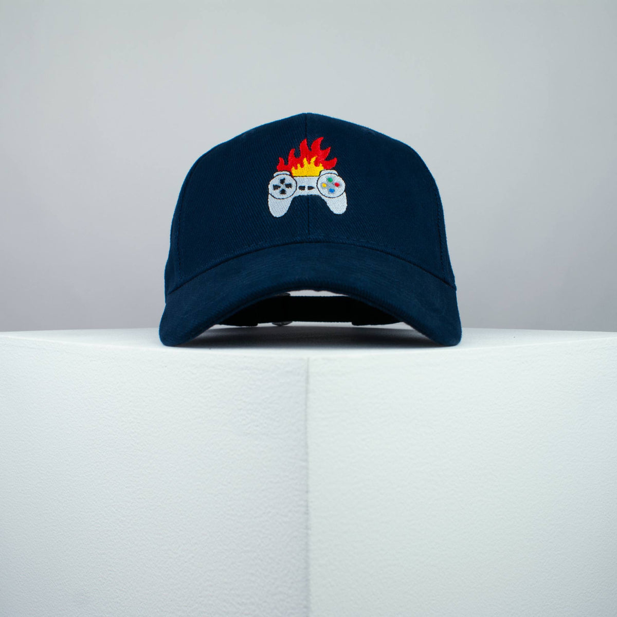 Flaming controller embroidered baseball cap navy / SNES / nintendo / N64 / gaming / gamer / playstation / embroidery / patch / dad / hat / cap / clothing // Hatty Hats / iron on patch / dad hat embroidered patch / badge / applique / embroidered / punk patches / trucker hat / snapback / caps / dad hats / baseball hat / mens hat / womens hat / embroidered hat / dad cap / embroidered cap