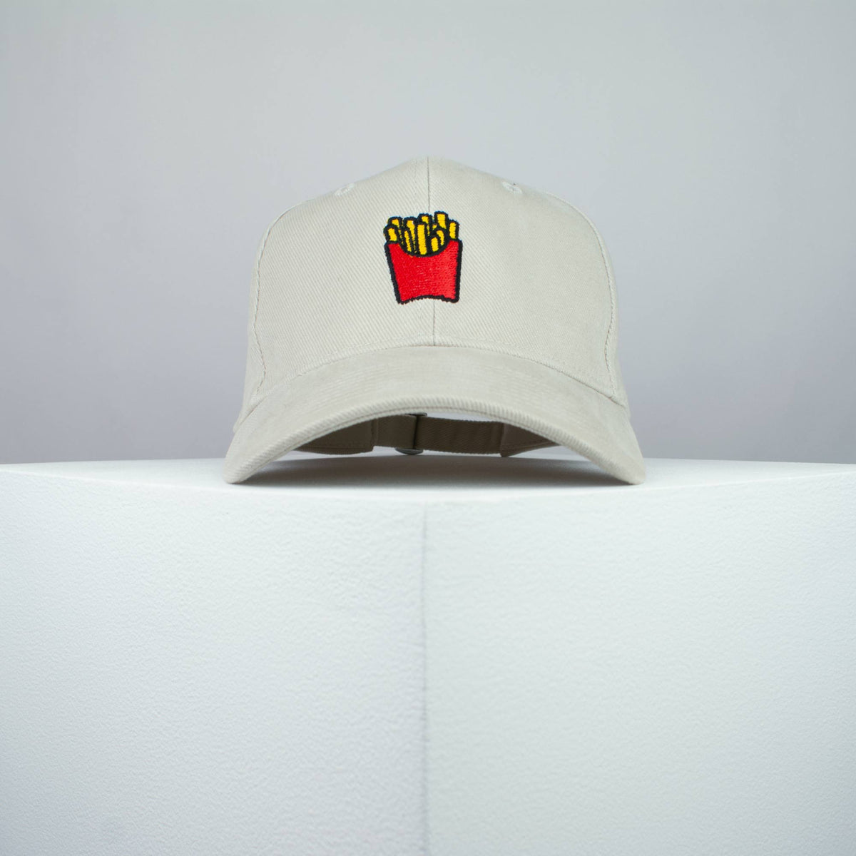 French fries embroidered baseball cap beige / food / gift / emoji / embroidery / patch / hat / dad hat / cap / iron on patch / embroidered patch / badge / applique / embroidered / punk patches / trucker hat / snapback / caps / dad hats / baseball hat / mens hat / womens hat / embroidered hat / dad cap / embroidered cap